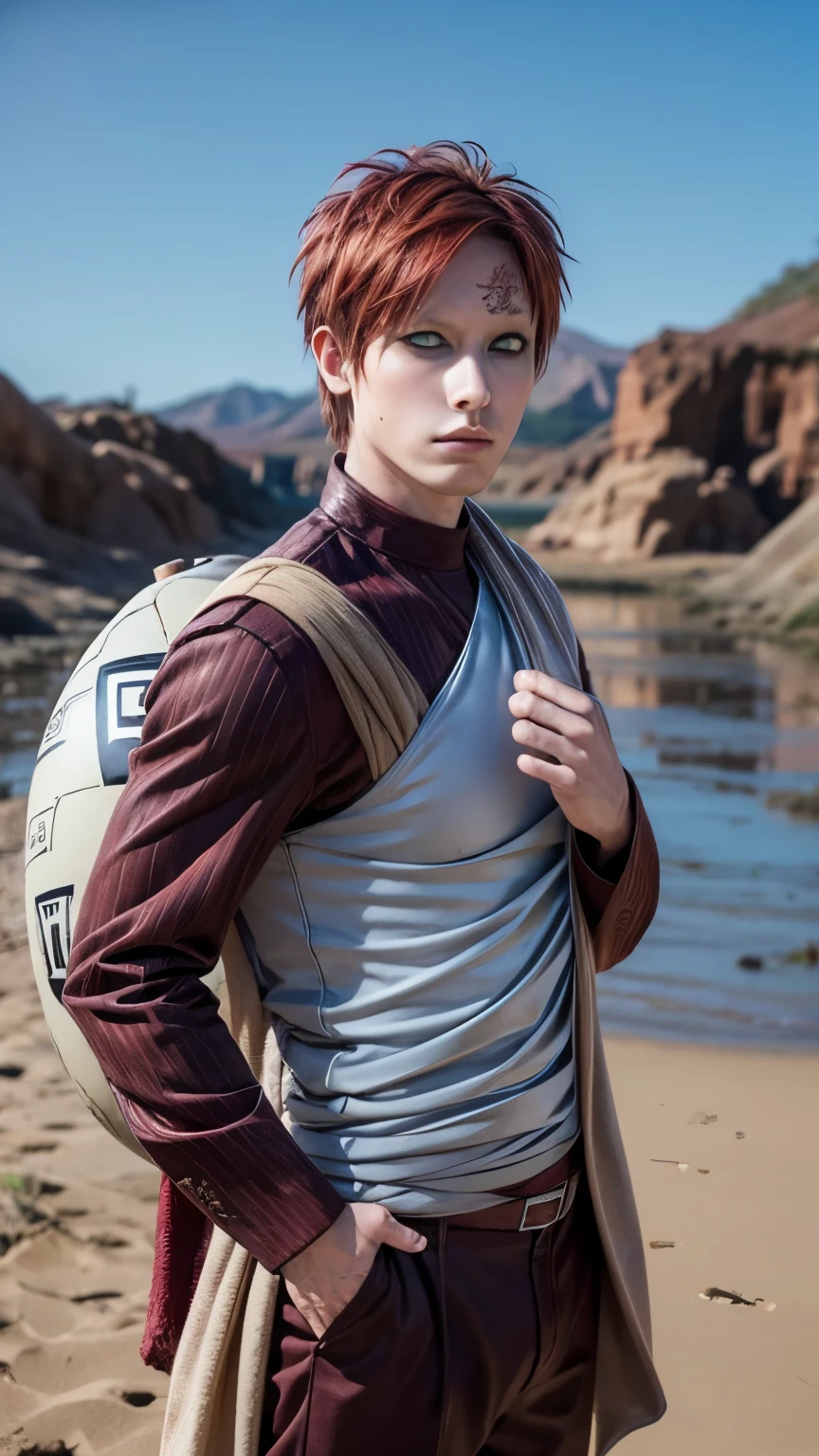 realistic gaara, handsome, fair skin, green eyes, and short auburn hair, kanji for "love" (愛, ai) on the left side of his forehead, long-sleeved crimson coat and full-length dark trousers with a pair, leather band from his left shoulder to his right hip with which he carried his sand gourd, dessert background, look at viewers