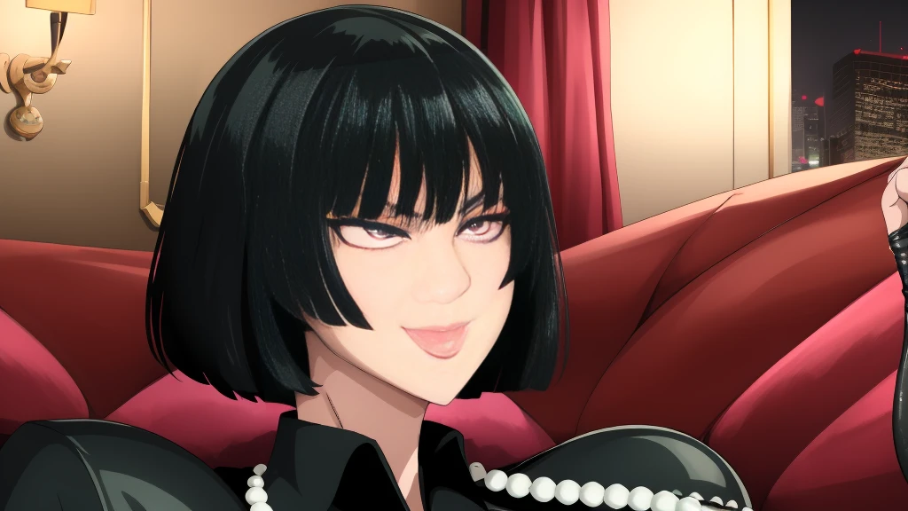 1 female, solo female fubuki, night club, party, sex club, luxury, female with black fringe style bob haircut, wearing black tight lingerine dress suit, dominatrix lingerie, wearing pearl neckalce, lustful smirk, hearts, dominant pose, short black hair, pink eyes, ((giant breasts)), ((thick thighs)), ((huge breasts)), seductive smile, wearing thigh high boots, surrounded by big black man, resting at the sofa, love, lust, manipulated, mind control, lust mind control, enjoying, biting lips, satisfaction, oiled up.