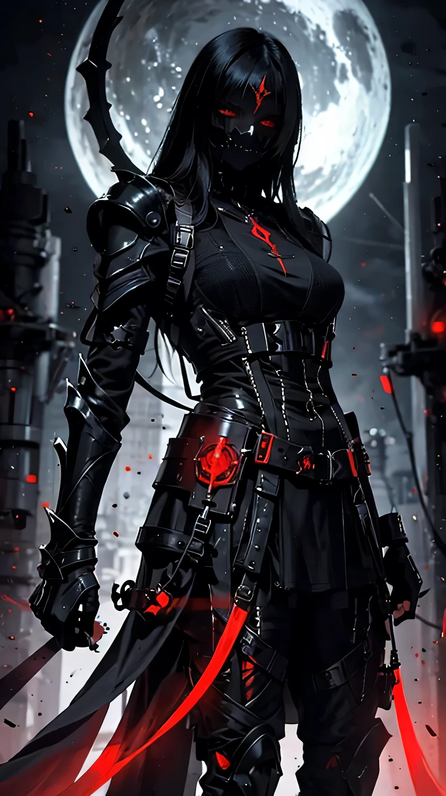 woman, ultra high details, armor, dark fantasy, grim background, bloom, assassin, red glowing eyes, dark environment,