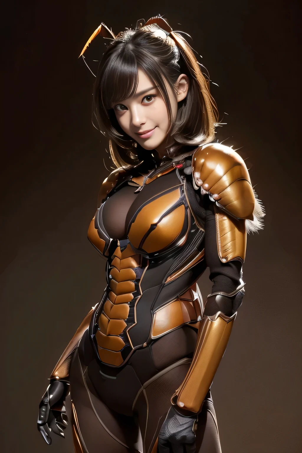 (high resolution,masterpiece,best quality,extremely detailed CG, anime, official art:1.4), realistic, photo, amazing fine details, all intricate, gloss and shiny,awesome many layers, 8k wall paper, 3d, sketch, kawaii, illustration,( solo:1.4), perfect female proportion,villainess, (fusion of dark brown cockroach and lady:1.4), (brown cockroach form lady:1.2), (brown cockroach lady:1.2), (fusion:1.2), (solo:1.4), (evil smile:1.2), muscular, abs, (cockroach brown exoskeleton bio insect suit:1.4), (cockroach brown exoskeleton bio insect armor:1.2), (brown transparency cockroach wing:1.4), (brown cockroach antennae:1.3),