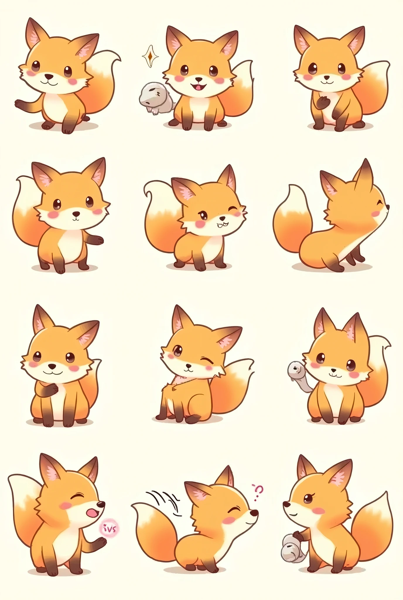 chibi style illustration magical fox with, detailed character sheet, multiple poses, multiple angles line stamps, 12 divisions, funny , various poses and expressions,