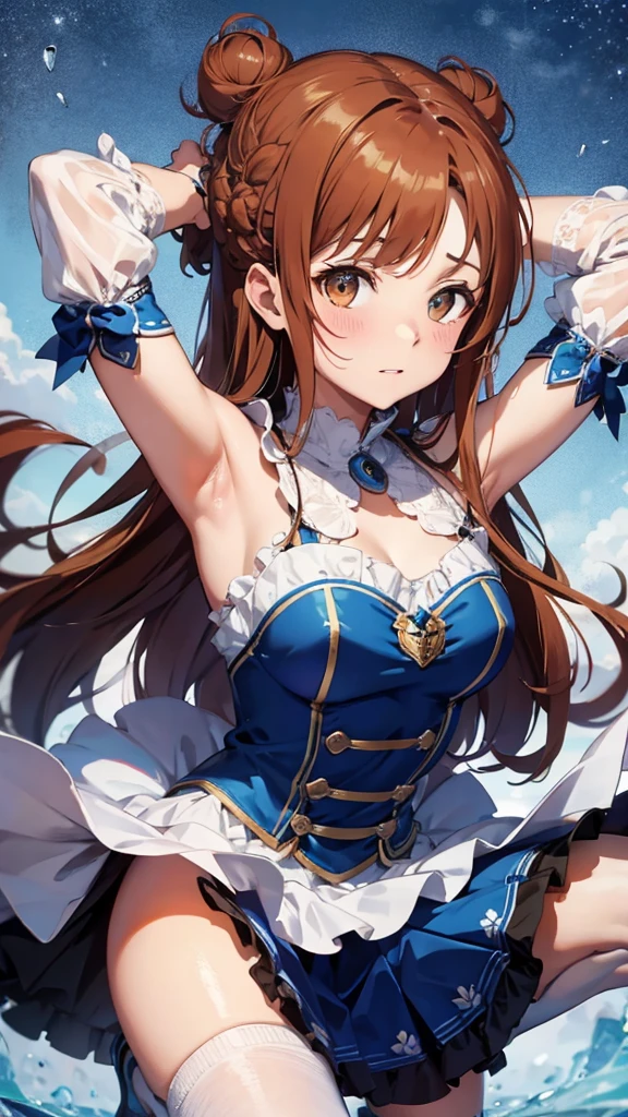 (cute illustration:1.2), high-resolution, ultra-detailed, best-quality, (best picture quality, 4K, high quality, masterpiece:1.2), ((masterpiece)), high detail, high quality, (medium bun hair), ((auburn hair)), cute, magical woman, (white and blue gorgeous magical dress with frills:1.2) sleeveless, detached sleeve, armpits, openchest, white thigh high pantyhose, armpits, squatting, spread legs, embarrassed, crying