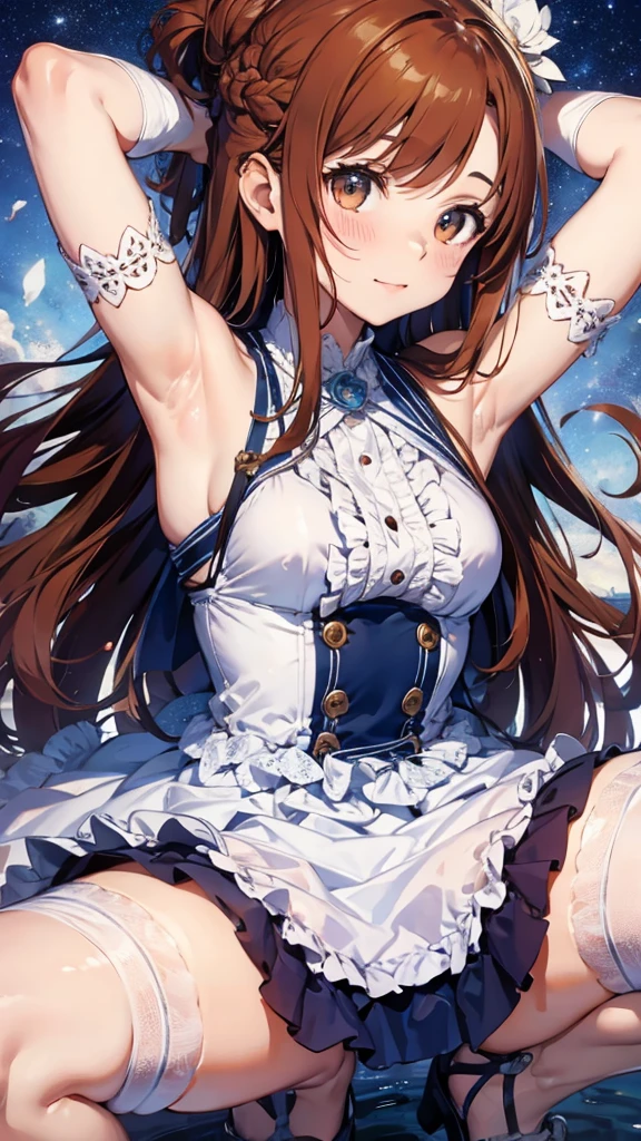 (cute illustration:1.2), high-resolution, ultra-detailed, best-quality, (best picture quality, 4K, high quality, masterpiece:1.2), ((masterpiece)), high detail, high quality, (medium bun hair), ((auburn hair)), cute, magical woman, (white and blue gorgeous magical dress with frills:1.2) sleeveless, detached sleeve, armpits, openchest, white thigh high pantyhose, armpits, squatting, spread legs, embarrassed, crying