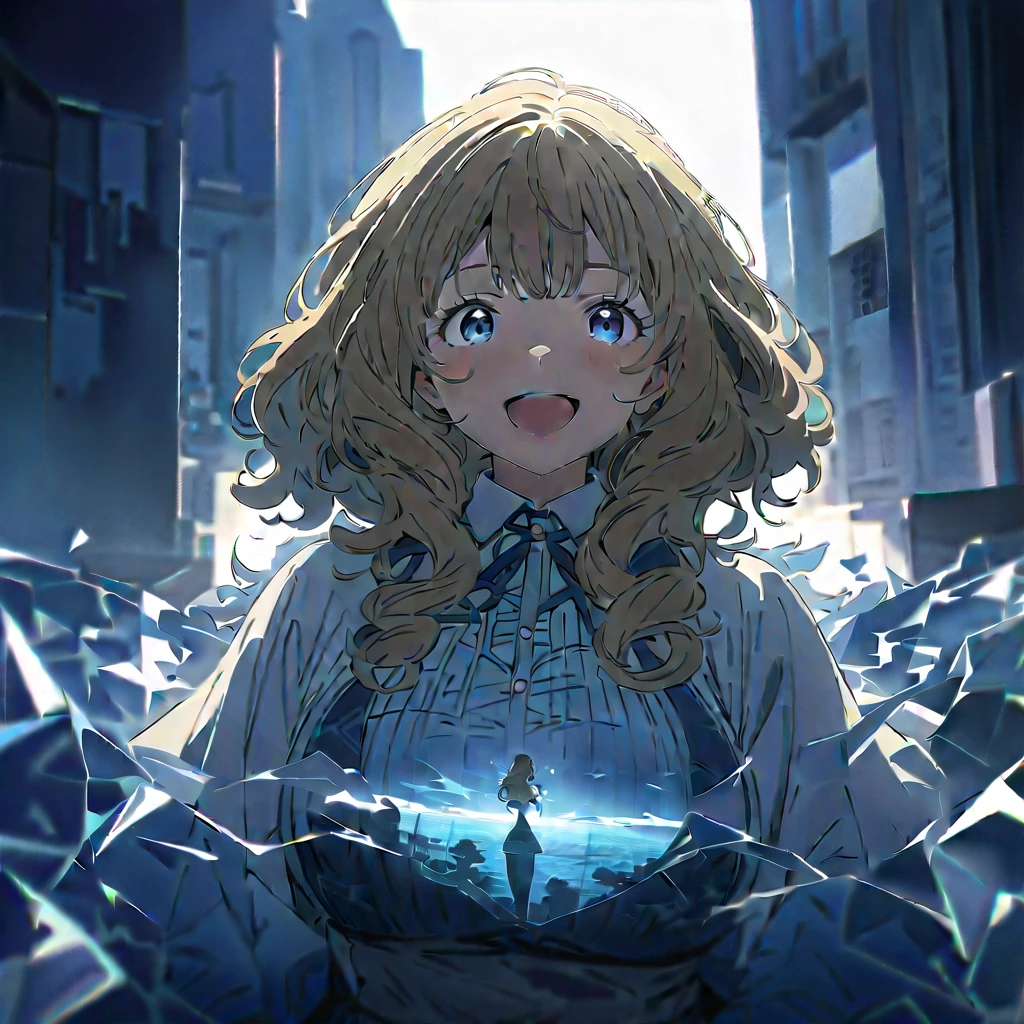 (((masterpiece))),(((Best Quality))),((( Extremely detailed))),  1 girl, Alone, Yanami_Anna (Make-in), Big Breasts,  dark blue eyes, Blonde, Thick Hair, curly hair, Double Exposure, smile,  excited ,