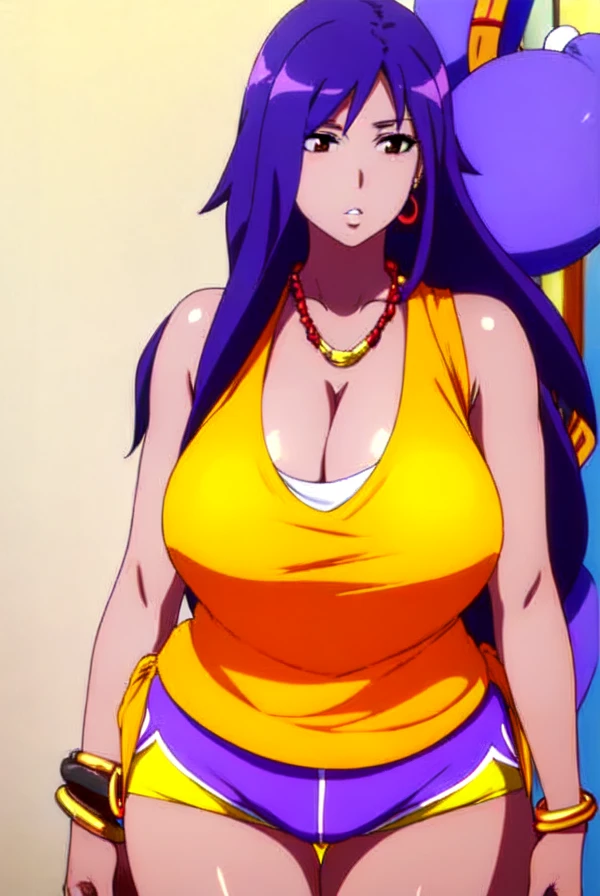 Asuna yuuki,purple hair,big breast,cleavage,brown eyes,Thick lips,puckered lips,tanned Brown  skin,Curvy figure,Gold chain necklace,((Hoopa earring)),long nail,Hoopa bracelet,Curly messy hair,hotpants,Tank top,Hair behind ear,((Himecut bang hair))