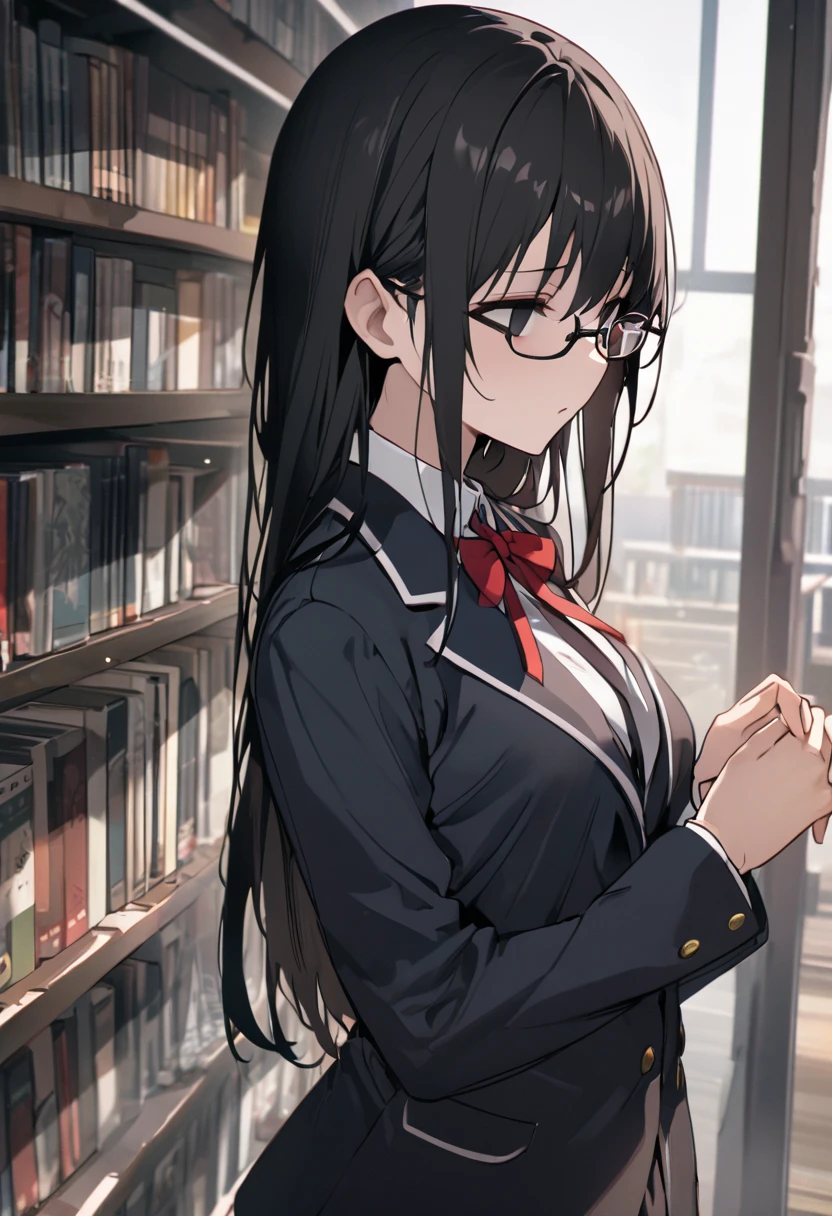 （masterpiece, Best Quality:1.2)、 full body、One person、 high school girl、Black Hair、long hair、Black Eyes、empty eyes、 slender、Glasses、黒いschool uniform, 黒のmiddle breast, blazer,  red ribbon、close mouth、no expression、stand、Standing、(( and extend both hands))、male、 short hair、後ろからmaleをハグ、 penis、Library、 side view