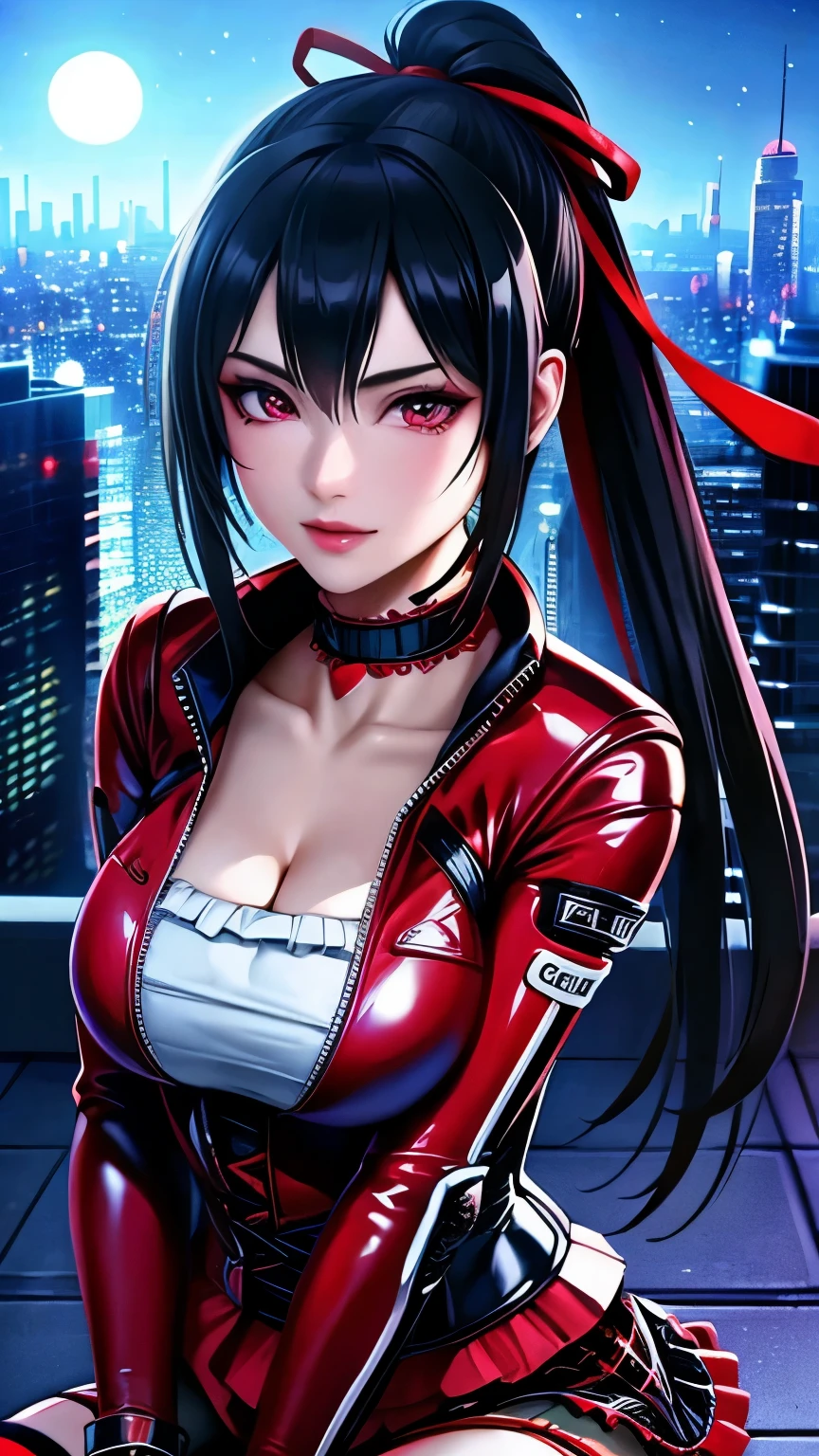 red eyes, (highest quality, masterpiece painting:1.3), immature woman, , (half body shot), masterpiece, ultra high resolution, (Photoreal:1.0), black hair, ponytail, straight hair, beautiful shining hair, white and shining skin, ((Ultra realistic details)), octane rendering, highly detailed face, (big breasts:0.8), complete pilotsuit, adjusted pilotsuit, (red pilotsuit),cleavage, perfect body, soft skin, anime face, perfect face, perfect eyes, looking at the viewer, smart, deep in the night, Moon Night, The rooftop of a building overlooking the city, Night sky with the moon shining, photon mapping, Radio City, ((fantastic night)), ((outdoors)), sharp focus, intricate details, professional artwork, (bright colors:1.1), bright colors, diffused lighting, digital blending, ultra-definition body, ultra detail hair, super detailed face, trending on pixiv, top button open, Cute gaze, compensate, perfect lips, perfect compensate, Ultra-precision coating,  (glare :1.0), BREAK ((gothic lolita, cute punk fashion):1.3), (wear a long sleeve red latex jacket over a black corset:1.4), (collarbone:1.3), (red A-line multilayer tiered miniskirt with ruffles:1.3), (red latex overknee socks with garter belt:1.3), (red hight platform boots with heels:1.2), (choker with red and black plaid ribbon:1.3),