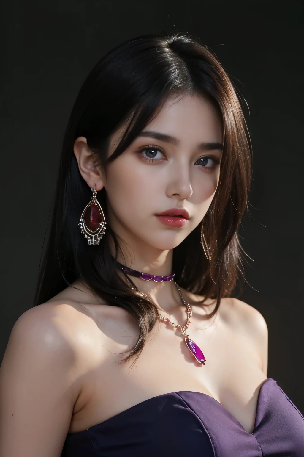 (High resolution 8K), Masterpiece, best quality, realistic ((Medium bust)), hair in one eye, purple eyes, big hoop earrings, sharp eyes, Diamond choker, red gemstone necklace, (symmetrical eyes), (The body is perfectly symmetrical.), Photo of a beautiful 20 year old teenage girl., (The right shape), ((in the teacher&#39;s room)), (black mini skirt), university uniform, (( The young woman wore a tight-fitting white short-sleeved shirt., The buttons are unbuttoned., open chest)) ((Black short pencil skirt The skirt has a deep slit in front of the legs.)), belt, bob, long hair, Lateral smoothness, Blonde hair, Double eyelids, sharp eyeliner, Eye shadow blush with thick eyelashes. Very delicate and beautiful. round chin. Sharp focus. elegant. The study table is full.. Turn your head with your legs open so they are at eye level.. open your legs. Lift your right leg over your left leg.. Let your legs open naturally.. With your legs slightly separated., dynamic gesture,
