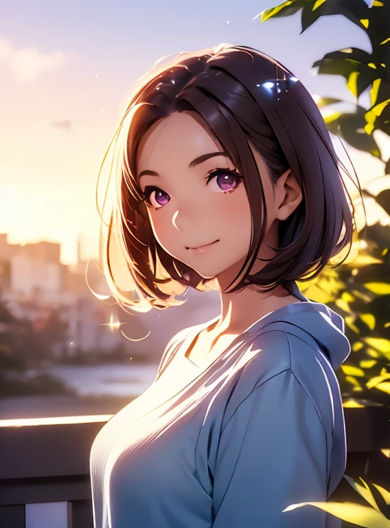   Hi-Res ,In 8K, best quality, Details,Semi-realistic anime, D-anime style, smooth animated CG, one girl , 19-year-old Japanese woman,slim,modeling,((Sparkling Eyes)),(( very short hair)),(( short bob)),(Maroon Glowing Hair ), pink lips, Shiny brown hair, Detailsな顔,Beautiful and  Details,,((深い青紫色のSparkling Eyes)),(Shut your mouth.),(Laughter),(( silhouette)),(( super multiple exposure effect where you can see the background through clothes))、((Vivid sky at dawn ))、 Lakeside Background 、 amazing、Towards the night view,