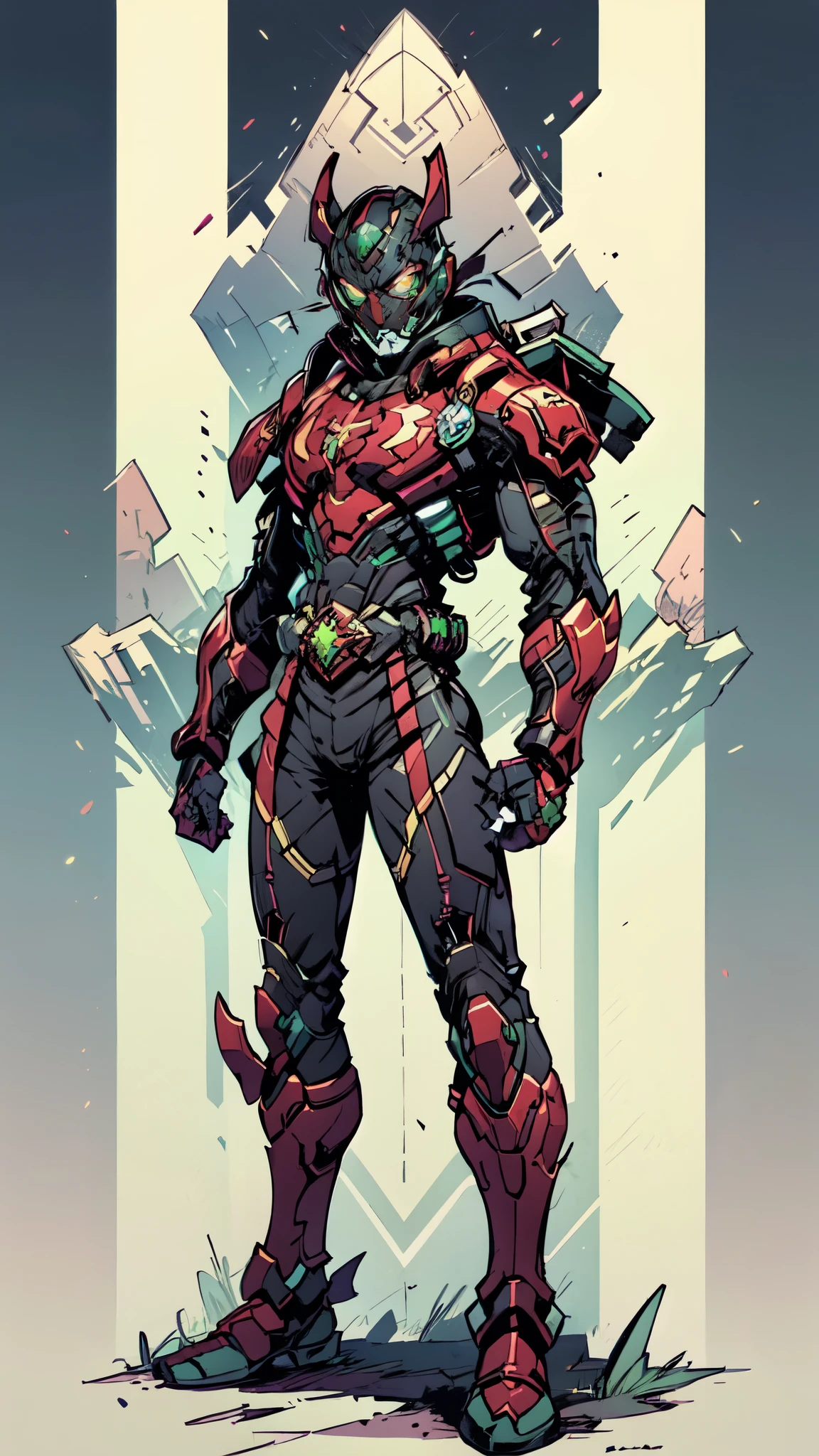 (masterpiece:1.5, best quality:1.5, extremely delicate:1.5), ((male:1.5)), a man wearing a full-face helmet, green eyes, fantasy-style high-tech biomimetic armored combat suit, (a composite layered chest armor), the design balances heavy with agility, fully enclosed shoulder guards, matching arm and leg guards, a belt of gemstone, (the color scheme is primarily Green with Scarlet and White accents, Organic Biotech, Concept Inspired by Kamen Rider, glowing eyes, armor glows, stand of a futuristic sci-fi city), this character embodies a finely crafted fantasy-style armored hero in anime style, exquisite and mature art style, metallic, high definition, highres, ultra-detailed, ultra-fine painting, professional, perfect body proportions, golden ratio, anatomically correct, symmetrical face, extremely detailed eyes and face, high quality eyes, creativity, RAW photo, UHD, 32k, Natural light, cinematic lighting, masterpiece-anatomy-perfect