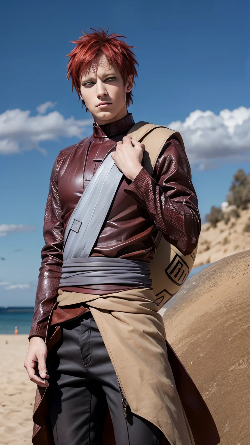 realistic gaara, handsome, fair skin, green eyes, and short auburn hair, kanji for "love" (愛, ai) on the left side of his forehead, long-sleeved crimson coat and full-length dark trousers with a pair, leather band from his left shoulder to his right hip with which he carried his sand gourd, dessert background, look at viewers