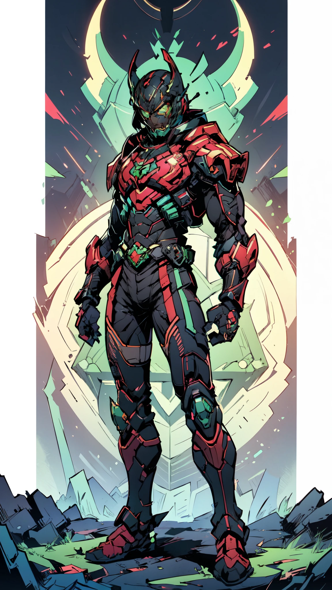 (masterpiece:1.5, best quality:1.5, extremely delicate:1.5), ((male:1.5)), a man wearing a full-face helmet, green eyes, fantasy-style high-tech biomimetic armored combat suit, (a composite layered chest armor), the design balances heavy with agility, fully enclosed shoulder guards, matching arm and leg guards, a belt of gemstone, (the color scheme is primarily Green with Scarlet and White accents, Organic Biotech, Concept Inspired by Kamen Rider, glowing eyes, armor glows, stand of a futuristic sci-fi city), this character embodies a finely crafted fantasy-style armored hero in anime style, exquisite and mature art style, metallic, high definition, highres, ultra-detailed, ultra-fine painting, professional, perfect body proportions, golden ratio, anatomically correct, symmetrical face, extremely detailed eyes and face, high quality eyes, creativity, RAW photo, UHD, 32k, Natural light, cinematic lighting, masterpiece-anatomy-perfect