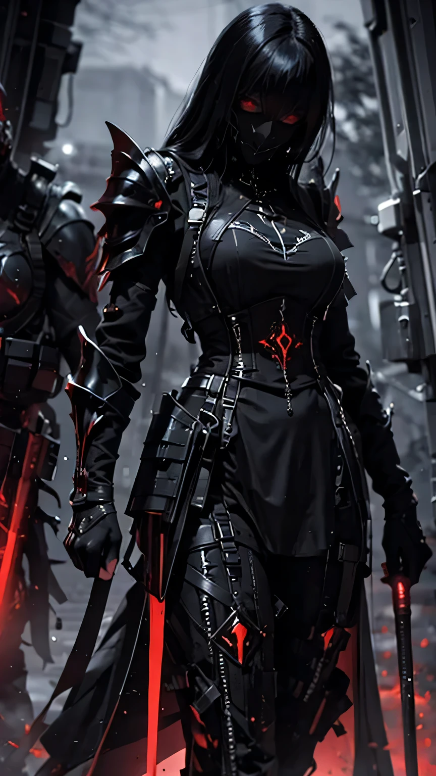 woman, ultra high details, armor, dark fantasy, grim background, bloom, assassin, red glowing eyes, dark environment, walking,