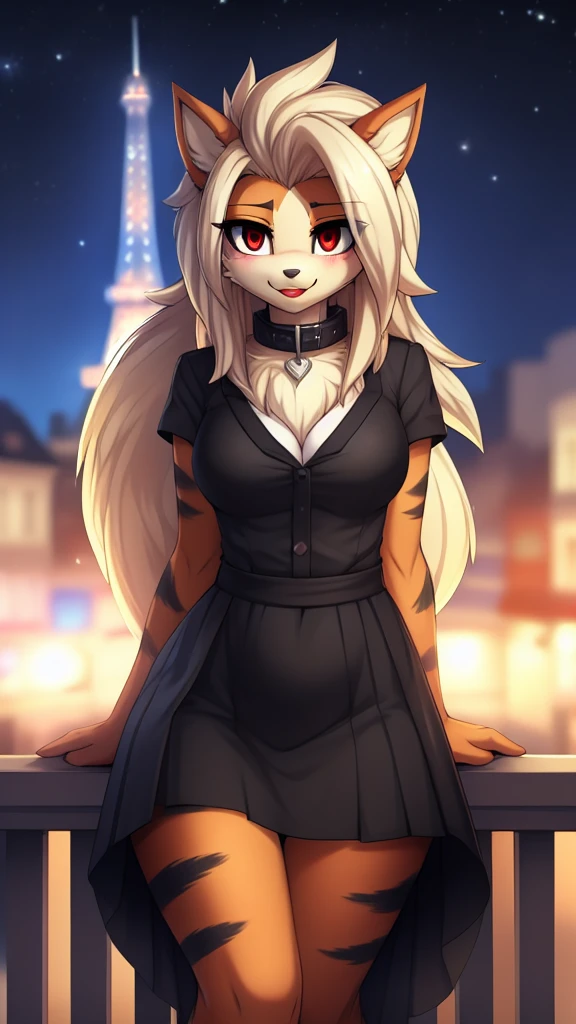 By zinfyu,by twistedscarlet60, uploaded on pixiv, by fluff-kevlar, (masterpiece), (best quality), (solo female:1.2), (extremely detailed:1.3),(detailed eye,black circle on eye,red eye), arcanine,Hourglass_body, using lipstick, human lips, red lips,has hair pony, hair pony, view on viewer,  shy face, medium breast, focus on face, mature woman, beautiful eyebrow,soft eyebrow, shy, blush, wearing black collar,  closeup face,  sweet smile, wear black dress, black skirt, in paris, eifel tower, night, city building, 