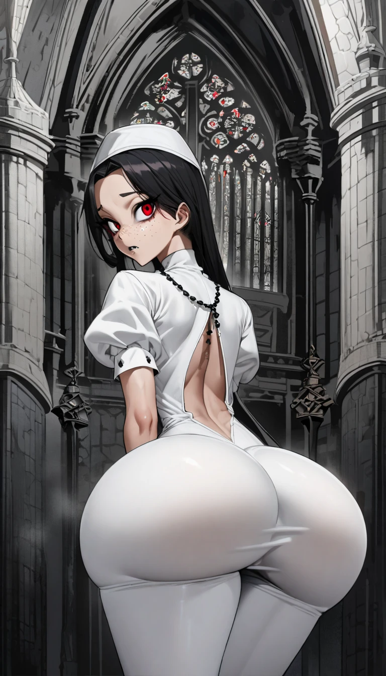  one woman,Black Hair,long hair,Hair tips that bounce outward, Red Eyes,Sanpaku,bags under eyes,Freckles,  looks bad,shark mouth, Huge, Saggy Breasts ,Big Ass,nun,wimple,Shoulder blades,White tights,Rosary,Cathedral background