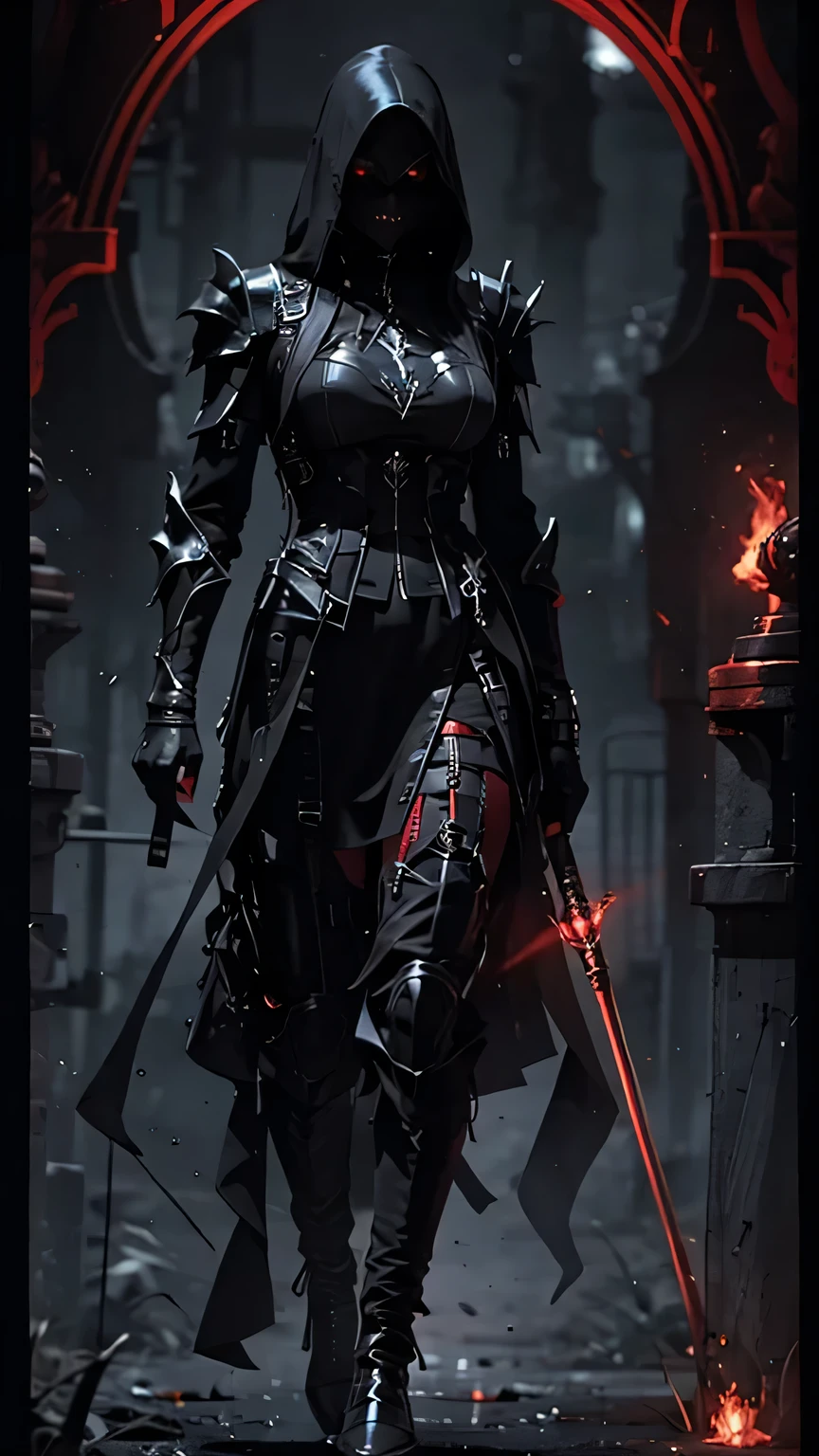 woman, ultra high details, armor, dark fantasy, grim background, bloom, assassin, red glowing eyes, dark environment, walking,