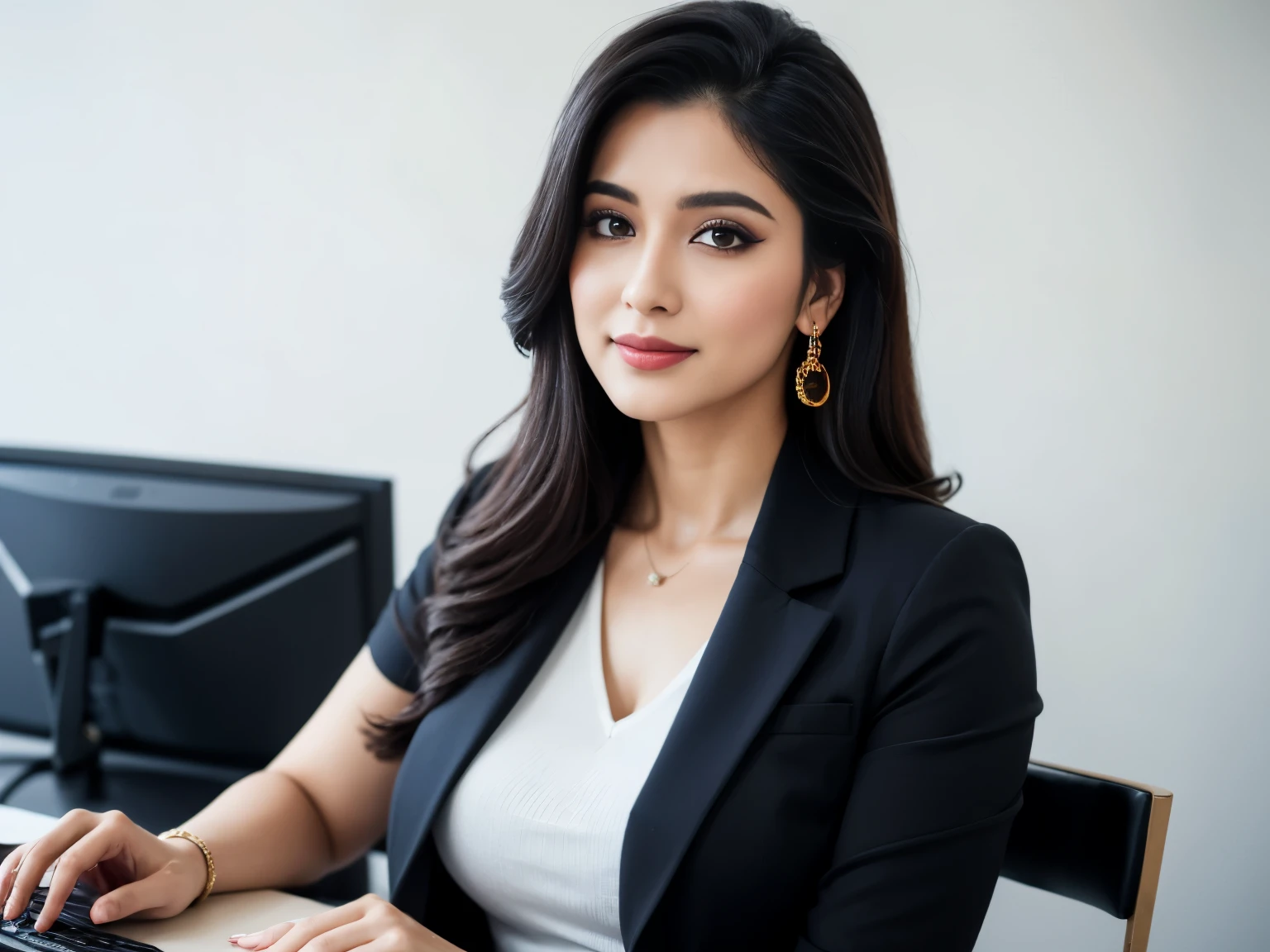 Woman with Latin features, Colombian from Medellin, Antioquia, beautiful young executive clothing, working in office