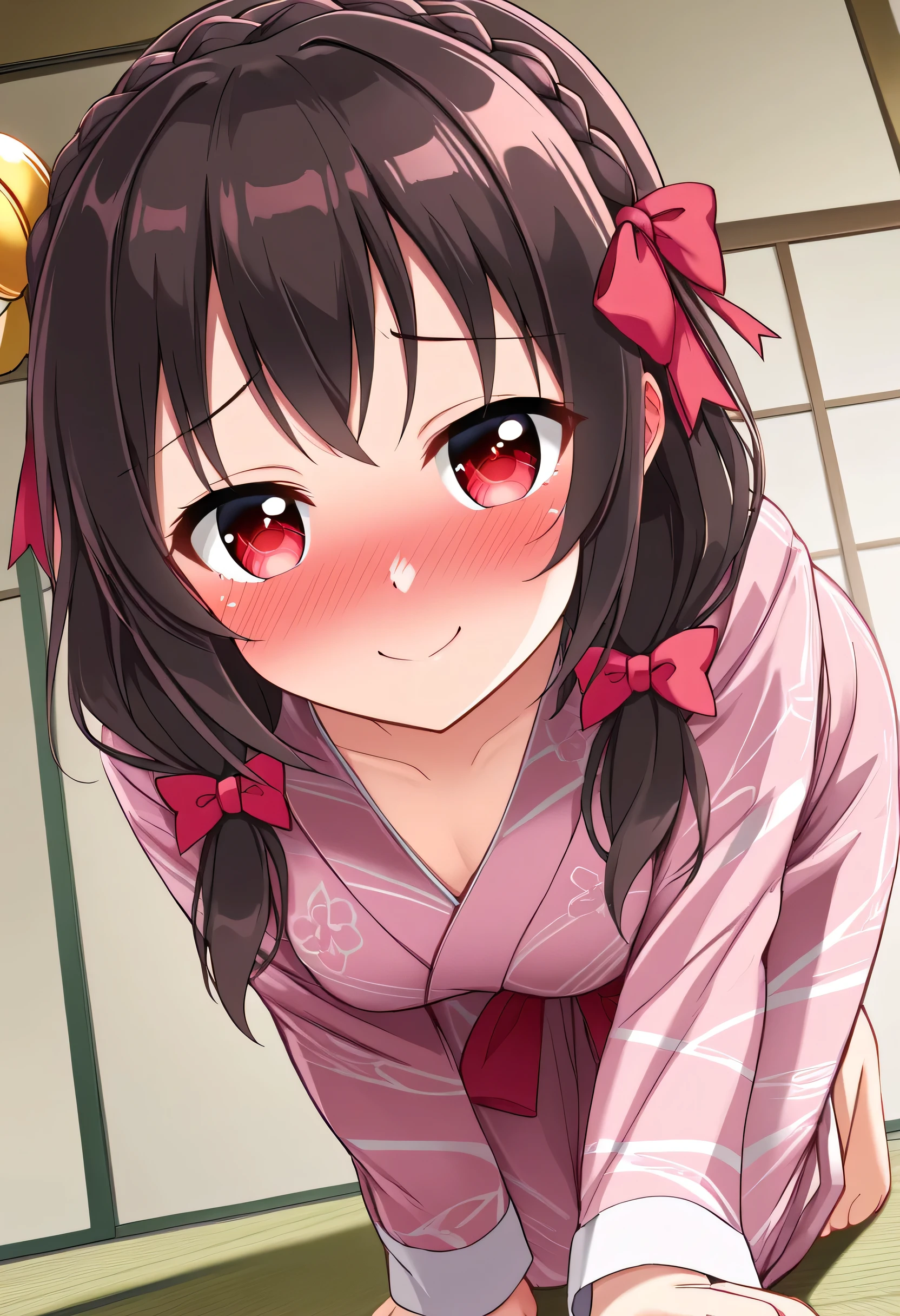 yunyun、masterpiece,Best Quality, Hi-Res,(One person), Yunyun、 crown braid the same color as hair, Black Hair、Red eyes、 hair accessory , hair bow, pink yukata, 、The chest is a little large、( have a smiling face:1.2)、(blush:1.3)、indoor、tatami、(on all fours)、 viewed from below、The expression of closing your eyes and kissing the viewer
