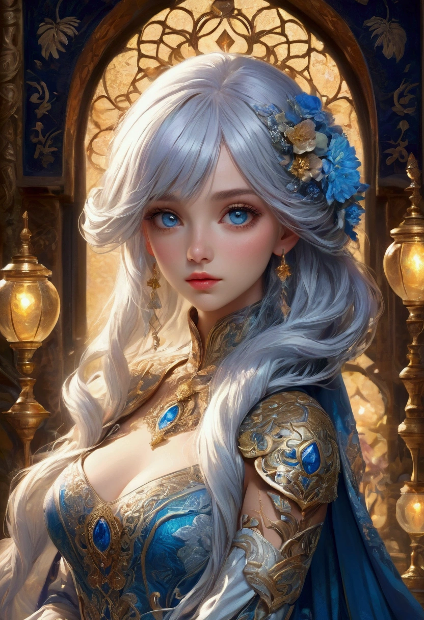 score_9, score_8_up, score_7_up, beautiful detailed(eyes, longeyelash, lips, thigh), whitehair, through bangs, middle-breasts. vibrant colors, masterpiece, ultra detailed, highres, highest quality, hyper realistic, photo realistic: 1.37,This image features an elegantly dressed character in a fantasy setting. She has long, flowing blue hair adorned with flowers and ornamental accessories. The character is holding a small glass container with what appears to be a blue, glowing substance inside. Her outfit is detailed and ornate, featuring elements like gold accents, pastel colors, and floral motifs. The background is elaborate, showcasing a mix of warm colors and glowing lights, possibly hinting at a magical or serene environment. The overall aesthetic is whimsical and otherworldly.