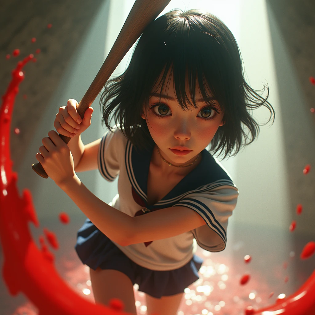 Cover image of a woman wearing a Thai school uniform, white shirt, black A-line skirt, black hair tied up in a ponytail with a blue bow on her hair, fiercely fighting against a horde of zombies wearing different clothing, blood splattered, blood everywhere, with a baseball bat hitting the zombies&#39; heads. She wears tattered clothes, do not expose herself, the scene is dark and atmospheric, the background is an old Thai temple, there is a broken tuk tuk parked on the right of the image, the style looks realistic and fierce, blood splattered.
