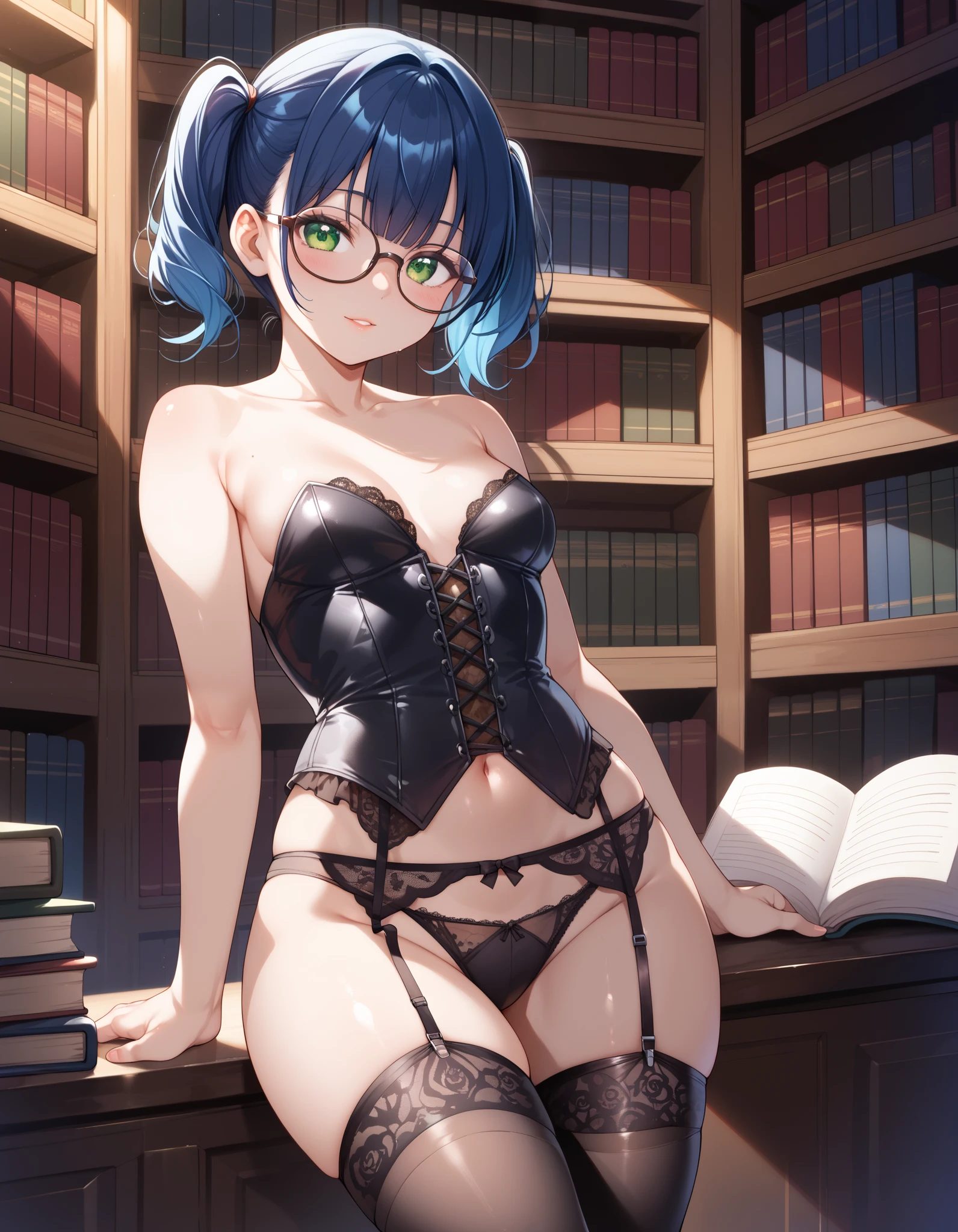 score_9, score_8_up, score_7_up,(((adult))), 25 years old,, 1woman, wholesome  body, wide hips , flat  breasts, dark skin , pacific islander, brown  short twintails hair,,small breasts, small hips, green eyes, blue hair, black corset, lace skirt, garter belt, black legwear, old library, petite, glasses,,  zPDXL3,  zPDXLxxx