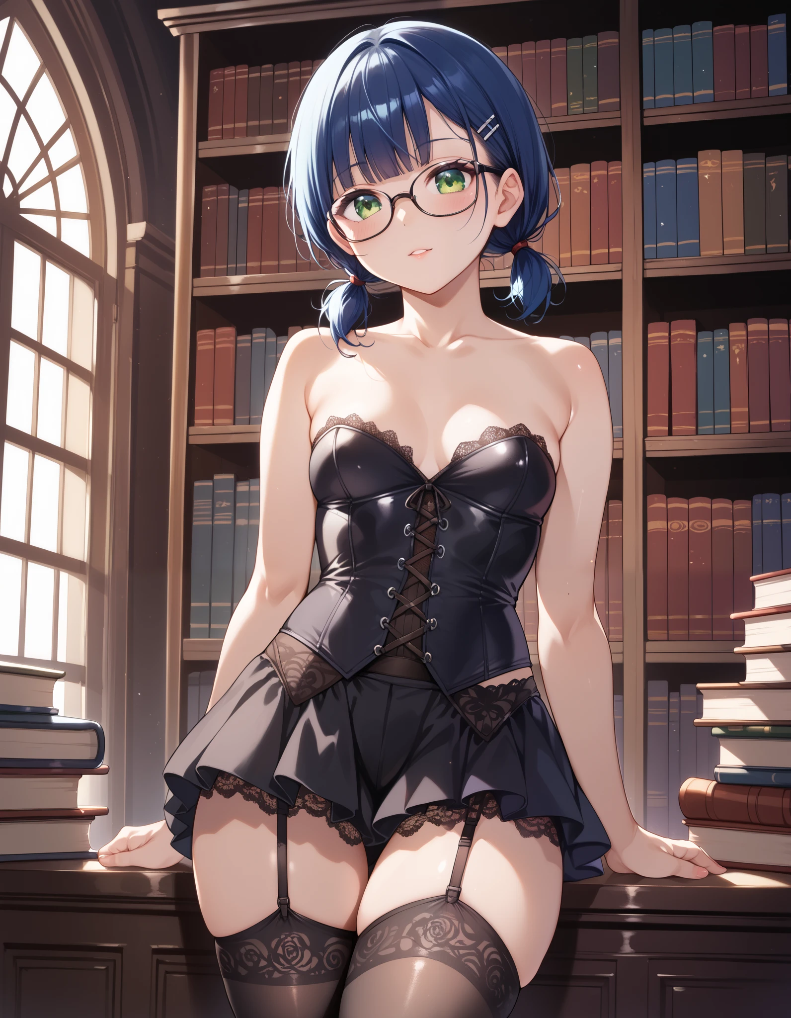 score_9, score_8_up, score_7_up,(((adult))), 25 years old,, 1woman, wholesome  body, wide hips , flat  breasts, dark skin , pacific islander, brown  short twintails hair,,small breasts, small hips, green eyes, blue hair, black corset, lace skirt, garter belt, black legwear, old library, petite, glasses,,  zPDXL3,  zPDXLxxx