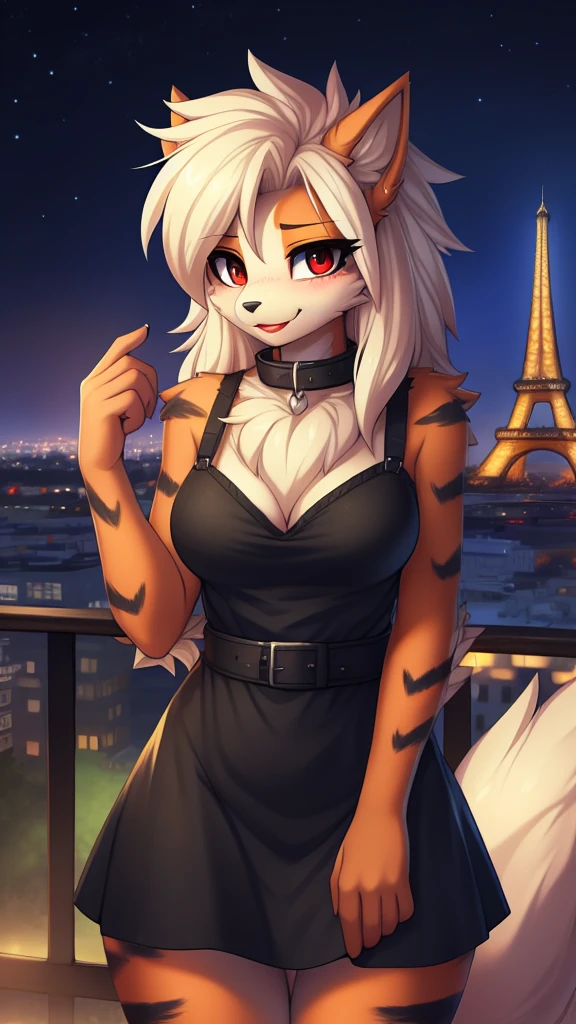 By zinfyu,by twistedscarlet60, uploaded on pixiv, by fluff-kevlar, (masterpiece), (best quality), (solo female:1.2), (extremely detailed:1.3),(detailed eye,black circle on eye,red eye), arcanine,Hourglass_body, using lipstick, human lips, red lips,has hair pony, hair pony, view on viewer,  shy face, medium breast, focus on face, mature woman, beautiful eyebrow,soft eyebrow, shy, blush, wearing black collar,  closeup face,  sweet smile, wear black dress,  in paris, eifel tower, night, city building, 