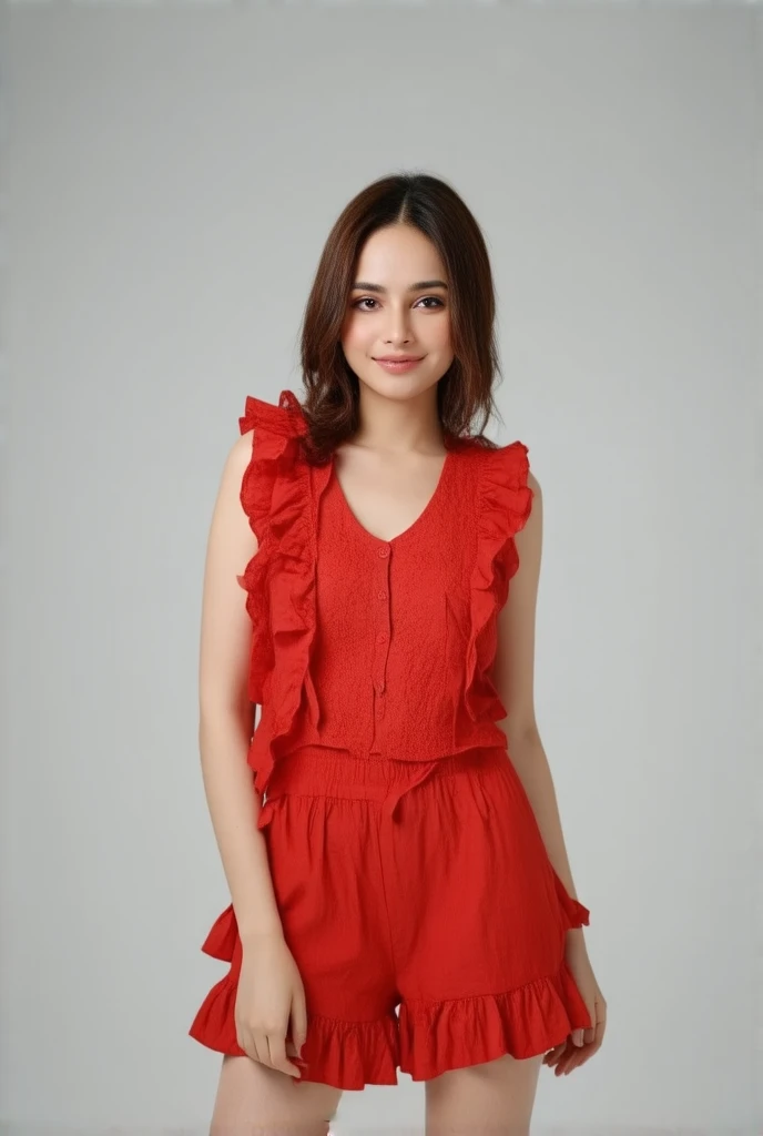 a beautiful young woman wearing  red ruffle shirt and ruffle mini skirt, standing pose, simple background,