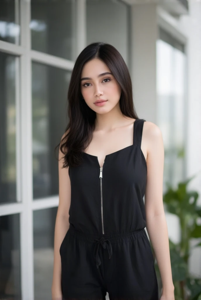 asian woman in a romper. The romper is made of a black fabric material and has a zipper at the center of the chest. The background is blurred, but there are windows on the left and right.