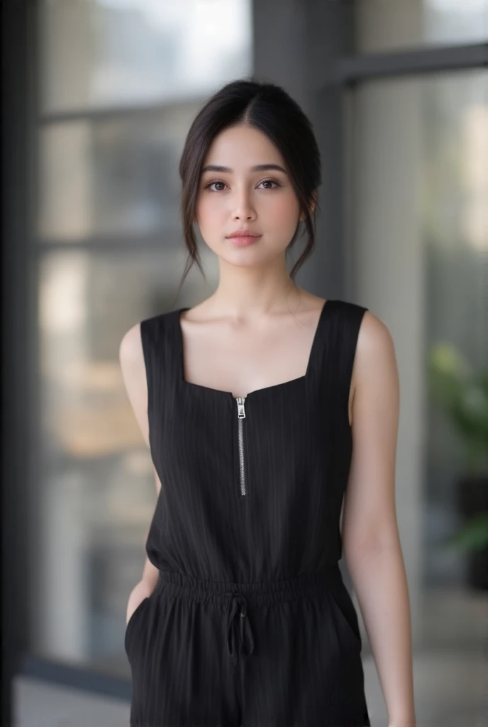 asian woman in a romper. The romper is made of a black fabric material and has a zipper at the center of the chest. The background is blurred, but there are windows on the left and right.