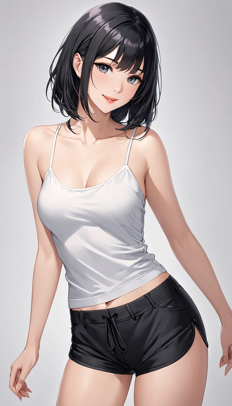 Incredible full-body portrait of a sexy woman , , long straight black hair with bangs, seductively gazing and smiling, soft lips, separate, blushing intensely, smiling, white thin strap tank top , perfect body , perfect and detailed gray eyes , knitted shorts in black bonded fabric short , very short her body is thin her breasts are large her average butt and her medium thighs she is barefoot