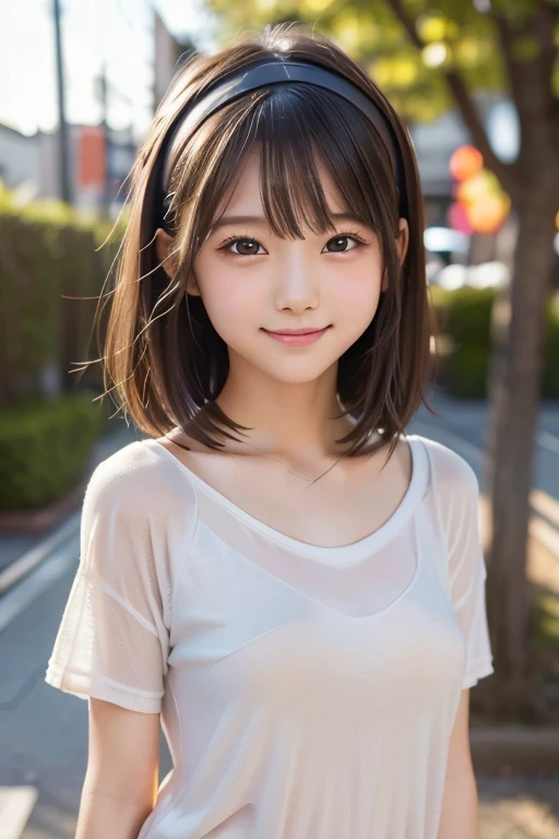 outdoor, school, idol, One girl, Japanese, Middle school students, Elementary school student, prety, Sparkling eyes, No body hair, Thin legs, Attention to detail, Highest quality, High resolution, bobbed hair, short bob, school uniform, Middle school students, Elementary school student, 10years old, upper body, close up of face, smile, see through, no under wears, long t shirt, hairband, Anatomically correct, Textured skin, high quality, high quality, high details, best quality, highres, super detail, accurate, high details, best quality, highres, super detail, accurate