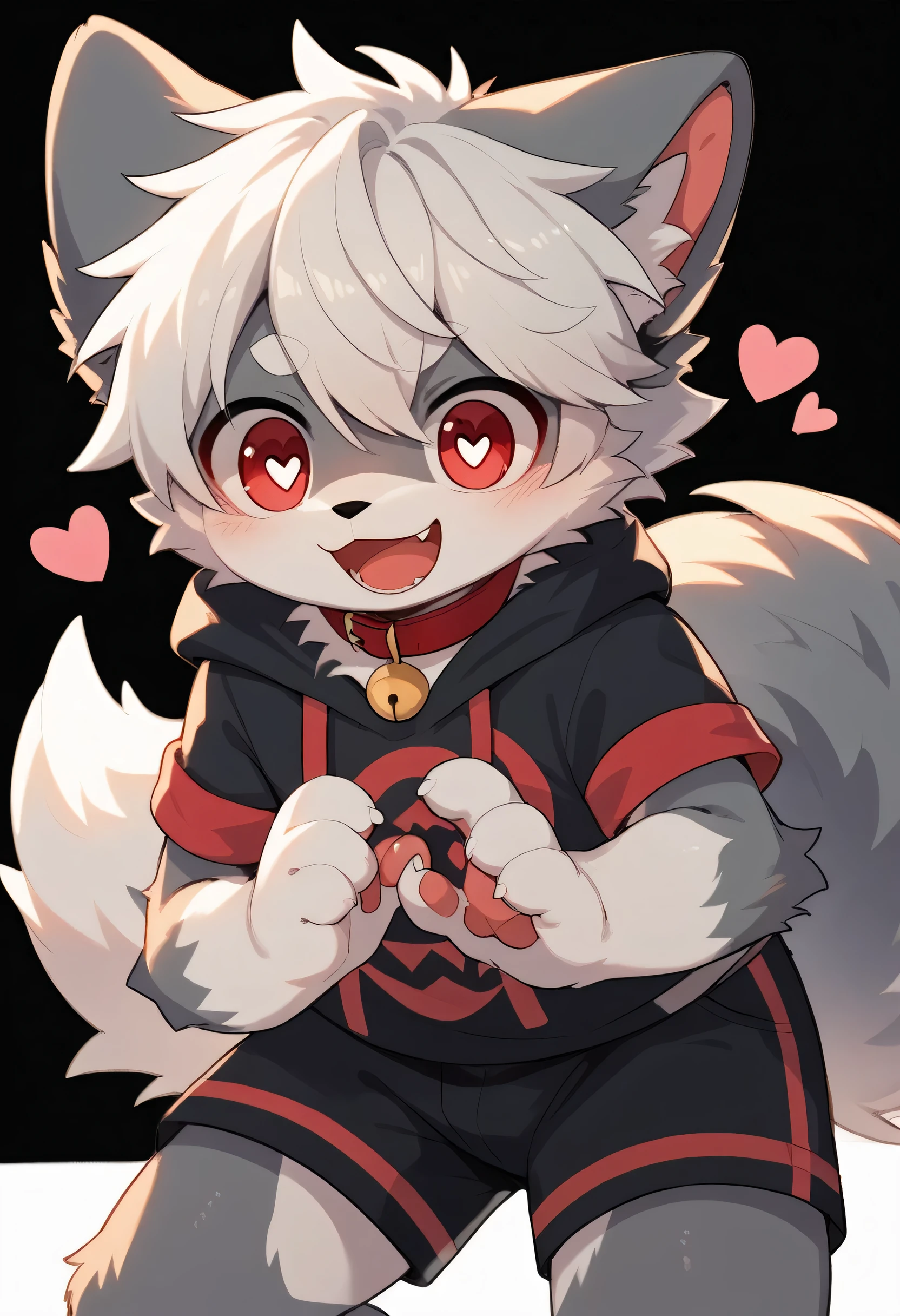  very detailedな, very detailed, gray fur white hair ,Age 15,male, excited to see bones , wolf fur,Excited,participate, cute face, fluffy fur like one,Horny boy,Red collar,cute ears ,Fluffy Ears ,Fluffy Ears ,Show your legs,Show me a paw , hold a red collar and string in your hand, cute fur boy , boy, heart eyes,Horny boy , black back ,White background, blush nose ,Alone,Droopy ears, Black Shorts, Black Short Sleeve Hoodie 