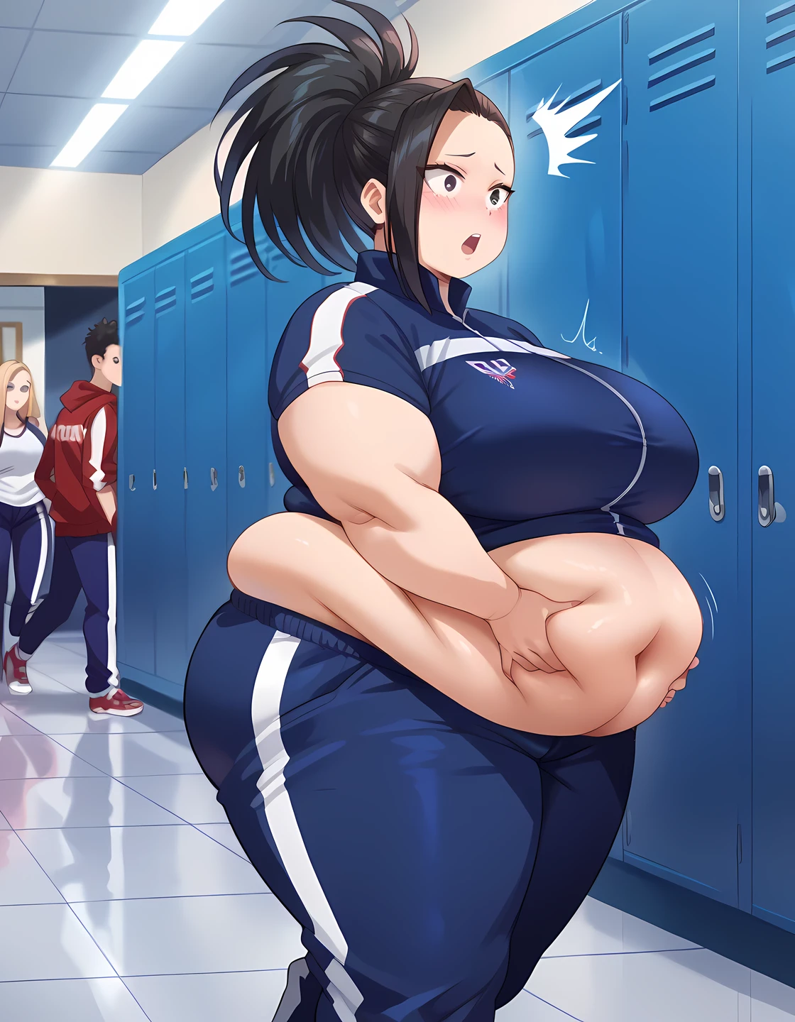 fat body, tall, yaoyorozumomo, black eyes, black hair, ponytail, long hair, hair pulled back, tracksuit, fat body, wide waist big . sexy body, sexy figure,  sexy, wide waist, desireable, tempting, lust, fat, chubby, obese, gigantic arms and legs , blush, surprised, open mouth, grabbing belly, huge breasts,  walking, perfect quality, detailed face, side view