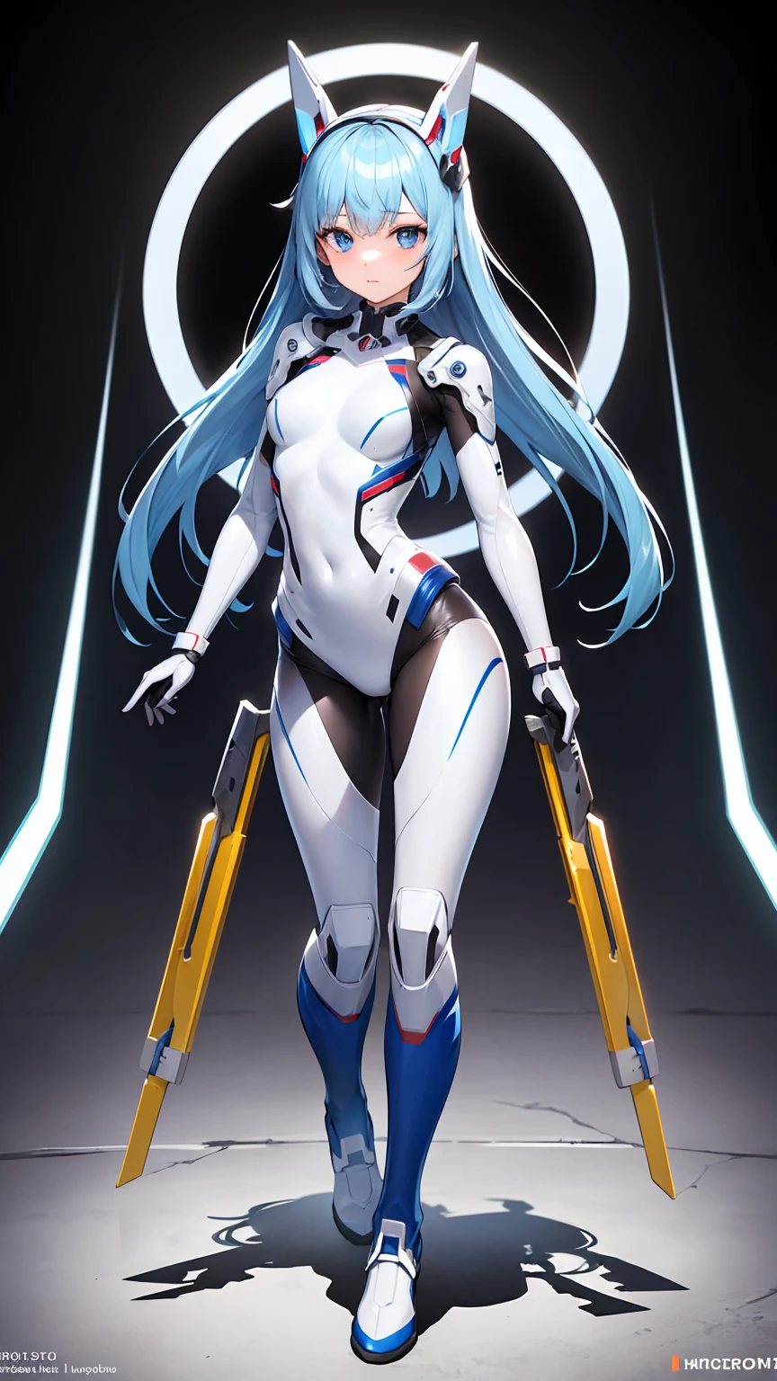 ((Masterpiece, Best Quality)), illustration, ultra-detailed 8K, realistic, clear focus, highly detailed, professional lighting, colorful details, rainbow colors BREAK factory super long shot, (1 large mechanical robot), microchip, computer, luminescence, intricate details, shitu-mecha, 1girl downscale standing in front of the viewer, navel
