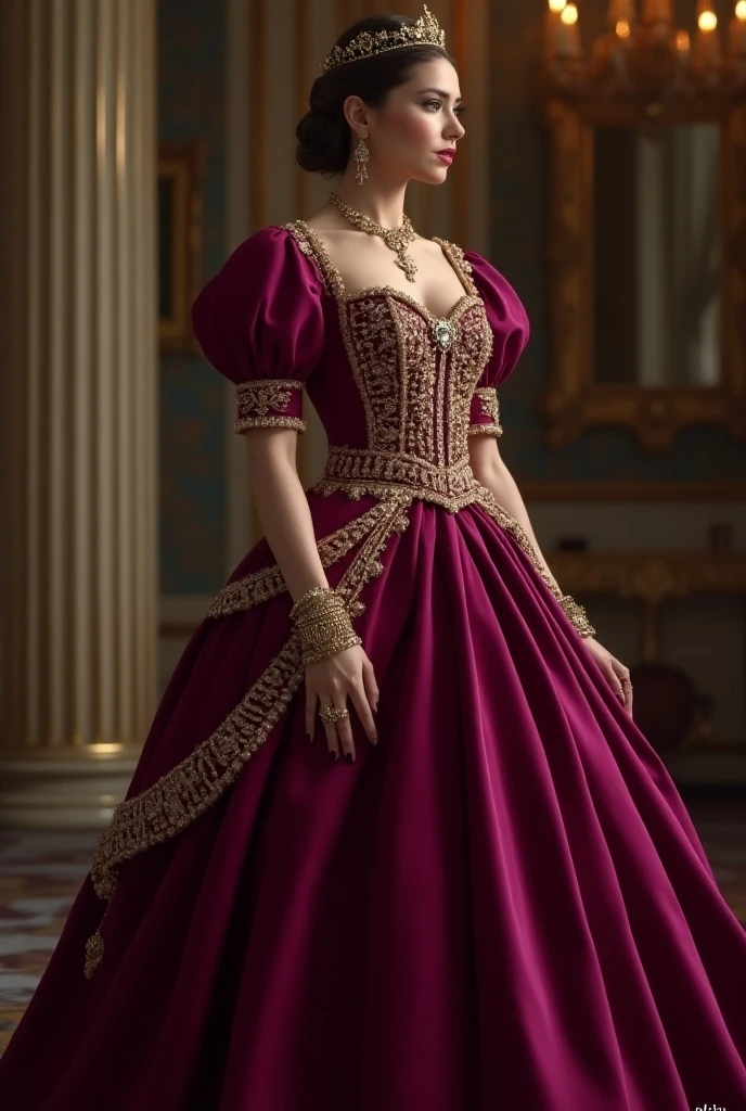 Photo of a beautiful 18 year old Italian woman, earrings, rich, wearing burgundy 1880_dr3ss evening dress in a Victorian parlor <lora:1880_dress_v1:.8> <lora:breastsizeslideroffset:-.1>