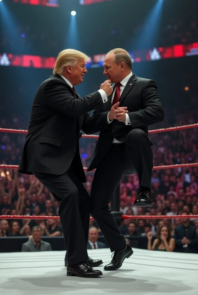 In the low-light room, Two men posing political behave, hugging or shake hands, ((Donald Trump and Vladimir  Putin)), size of Donald Trump:1.2, Facing each other,Among them, The first man is an old man, And the other is young, With an atmosphere of concentration in the discussion between them and a deep look, Wear a black suit, The young man enthusiastic expression, focus two men, Contrast lighting, delicate skin,Cinematic, HD, details , Realistic, Get to know a professional photo, soft lighting, highs quality, Best Quality, 