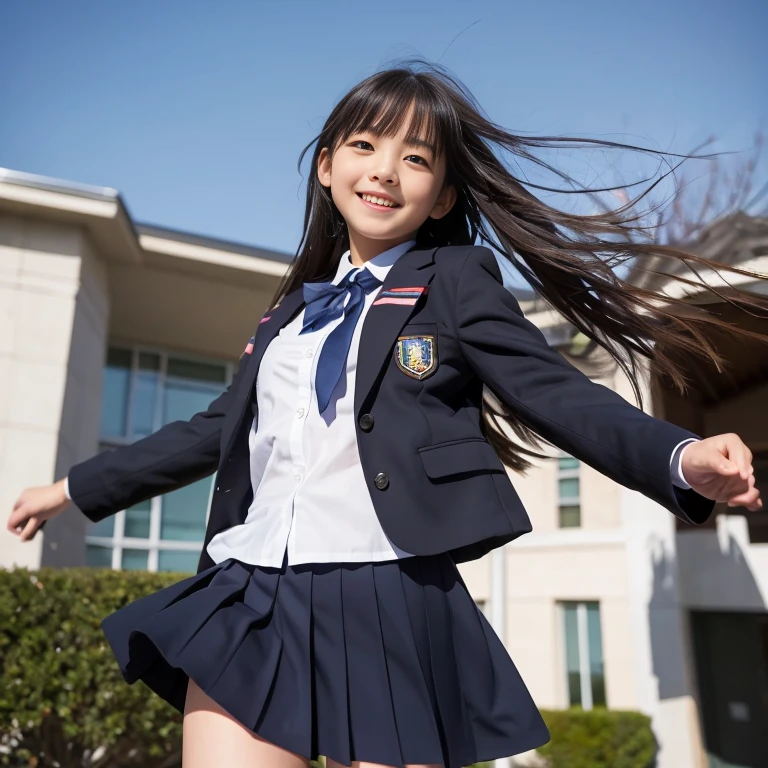 (8k), (best quality), (masterpiece:1.3), (realistic), (photorealistic:1.36), ultra-detailed, school uniform , low angle, strong wind,from below,smile,full body,looking at the camera, 1 loli girl