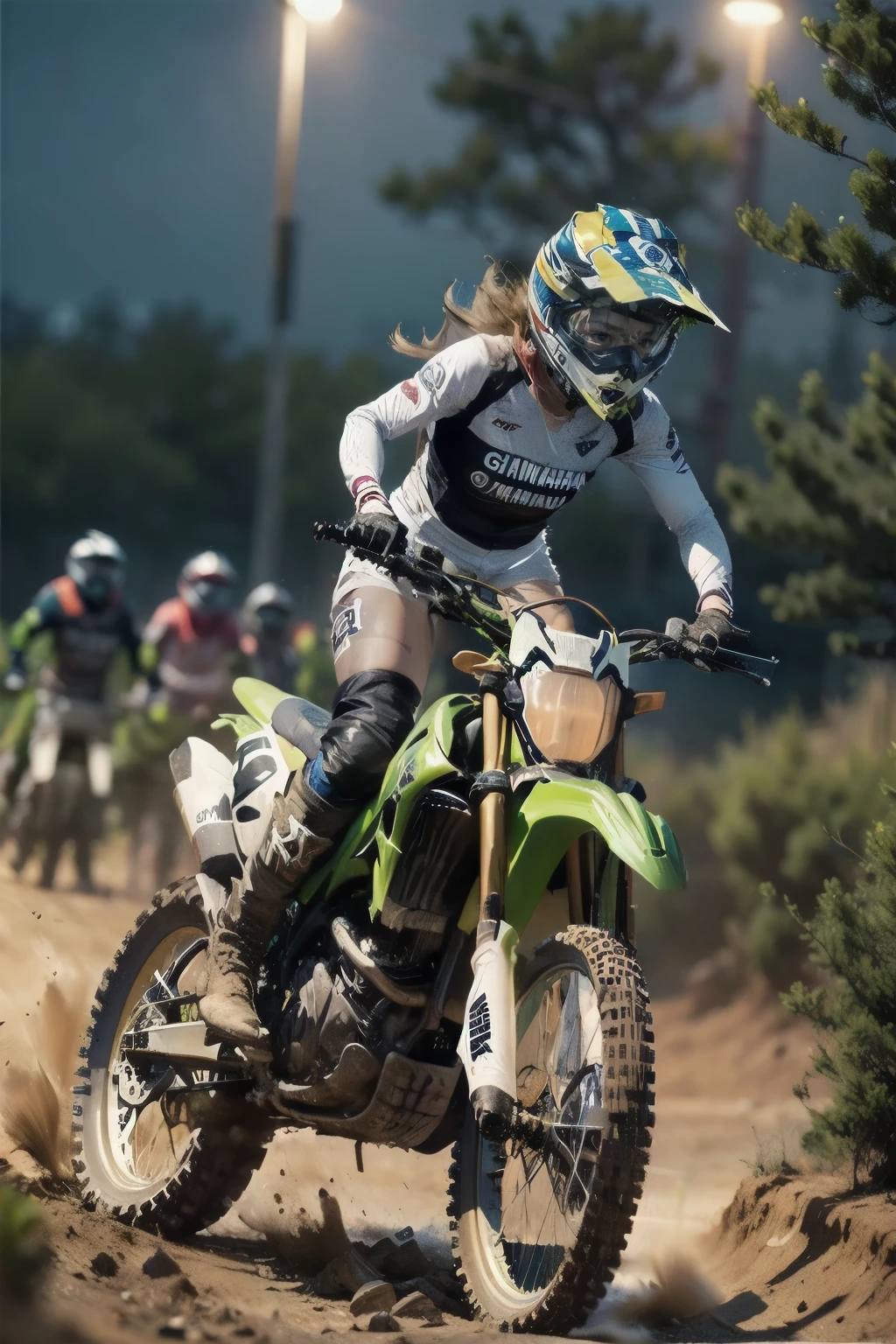 Yamaha XT250, motocross race, cute girl, brown skin, abs, night riding, motocross wear, motocross boots, driving with dust rolled up, aggressive position, カモシカ250 