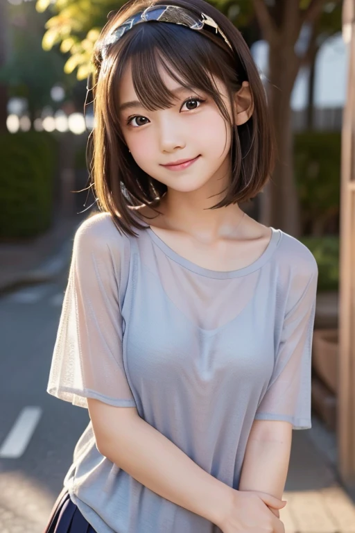 outdoor, school, idol, One girl, Japanese, Middle school students, Elementary school student, prety, Sparkling eyes, No body hair, Thin legs, Attention to detail, Highest quality, High resolution, bobbed hair, short bob, school uniform, Middle school students, Elementary school student, 10years old, upper body, close up of face, smile, see through, no under wears, long t shirt, hairband, Anatomically correct, Textured skin, high quality, high quality, high details, best quality, highres, super detail, accurate, high details, best quality, highres, super detail, accurate