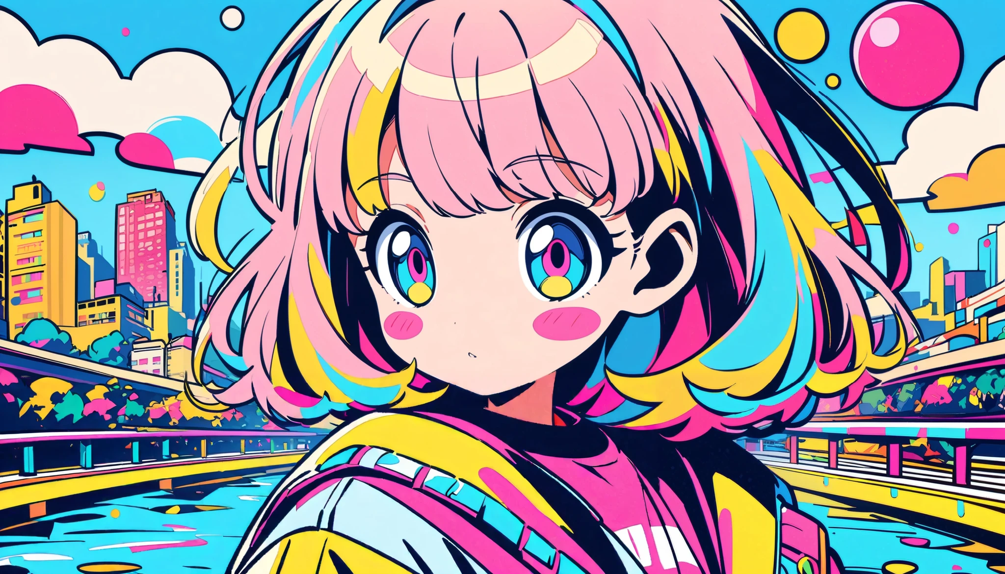 masterpiece, Highest quality, Beautiful attention to detail, Very detailed, In detail, High resolution, Perfect Anatomy, colorful, pastel colour, Girl, (One person:1.5), alone, (City pop illustrations), (City Pop Art), Simple Background, (City Pop Anime), (river, bridge), Kyoto Animation, 80's fashion,Anime, Neon pink and blue colors, scar, Stickers, Neon style full shot