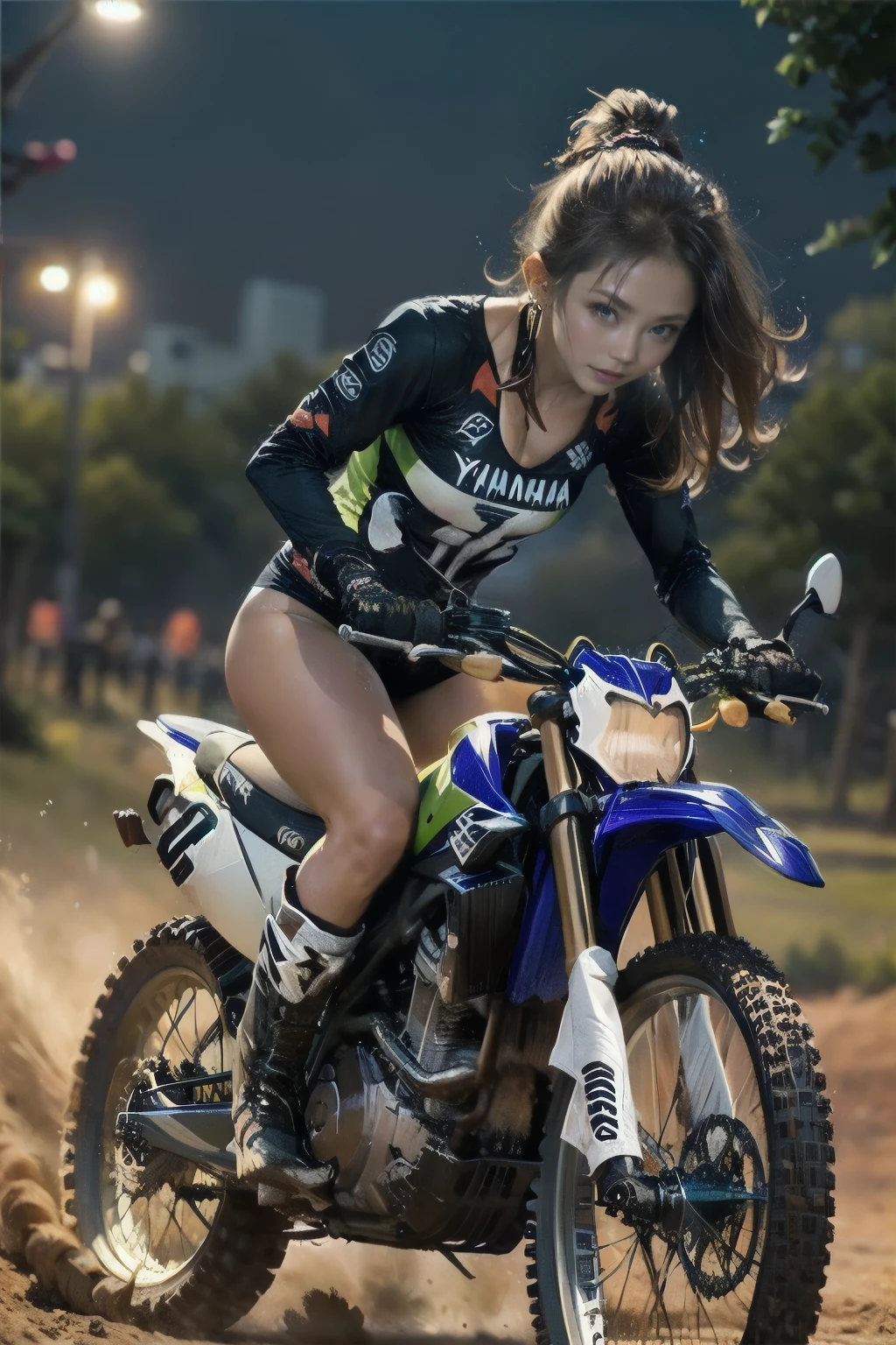Yamaha XT250, motocross race, cute girl, brown skin, abs, night riding, motocross wear, motocross boots, driving with dust rolled up, aggressive position, カモシカ250 