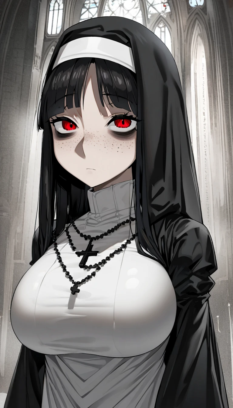  one woman,Black Hair,long hair,Hair tips that bounce outward, Red Eyes,Sanpaku,bags under eyes,Freckles,  looks bad,shark mouth, Huge, Saggy Breasts ,Big Ass,nun,wimple,Shoulder blades,White tights,Rosary, head on,The whole body is visible,Cathedral background