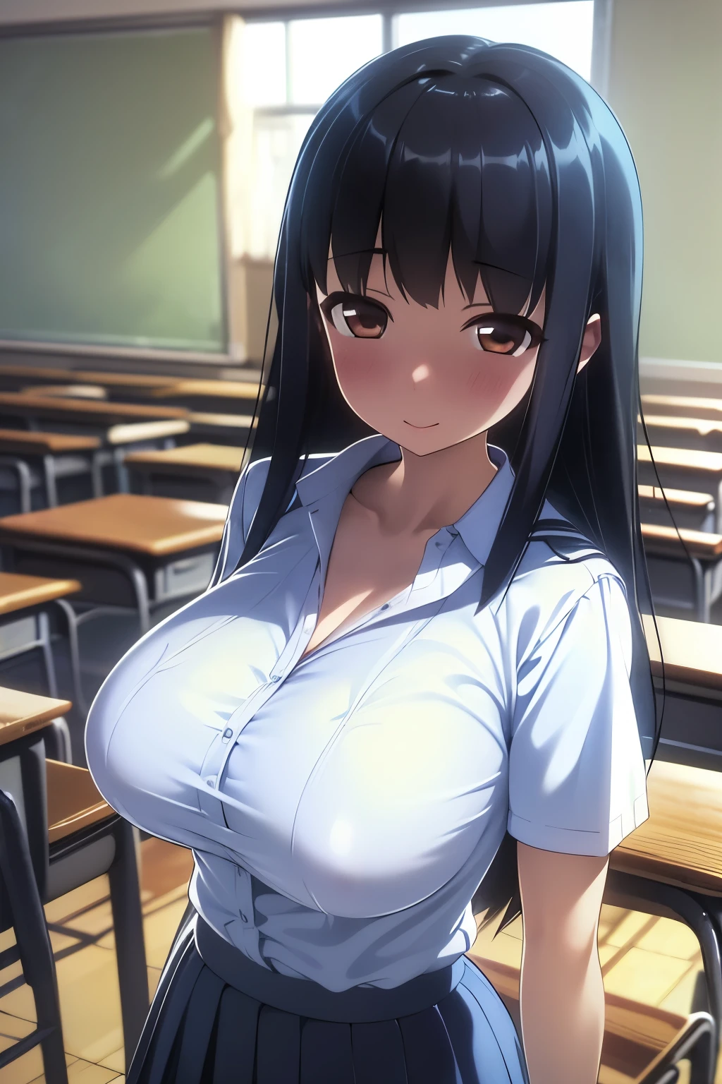 (超 Hi-Res,4K, very detailed, 8k,  Hi-Res,  Hi-Res,  absurd:1.2), Japanese girl, high school girl,  Long Black Hair,Short bangs,  beautiful character design, perfect face, beautiful eye detail in an empty classroom,affectionate eyes, Brown Eyes ,smile,( School Uniform:1.6),( big breasts at the temple:1.2),(Deep Valley:1.2),In a classroom where no one else is,evening