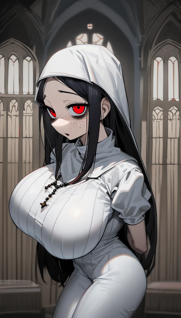  one woman,Black Hair,long hair,Hair tips that bounce outward, Red Eyes,Sanpaku,bags under eyes,Freckles,  looks bad,shark mouth, Huge, Saggy Breasts ,Big Ass,nun,wimple,Shoulder blades,White tights,Rosary, head on,The whole body is visible,Cathedral background