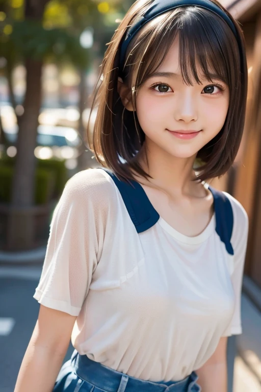 outdoor, school, idol, One girl, Japanese, Middle school students, Elementary school student, prety, Sparkling eyes, No body hair, Thin legs, Attention to detail, Highest quality, High resolution, bobbed hair, short bob, school uniform, Middle school students, Elementary school student, 10years old, upper body, close up of face, smile, see through, no under wears, long t shirt, hairband, Anatomically correct, Textured skin, high quality, high quality, high details, best quality, highres, super detail, accurate, high details, best quality, highres, super detail, accurate