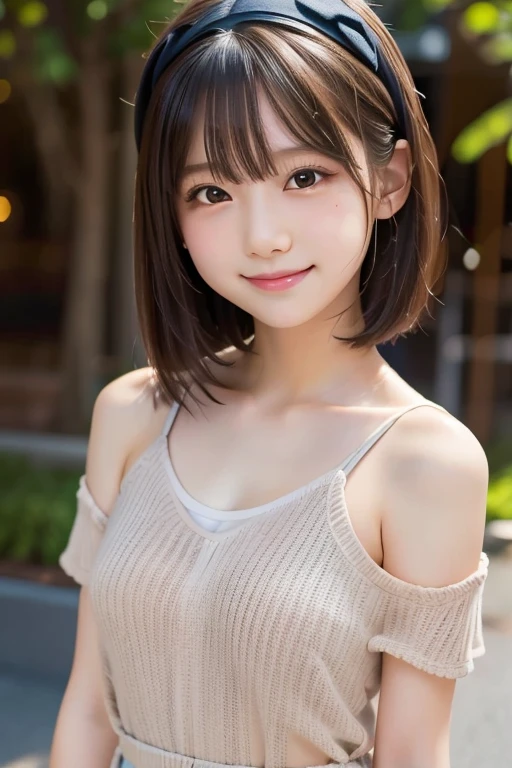 outdoor, school, idol, One girl, Japanese, Middle school students, Elementary school student, prety, Sparkling eyes, No body hair, Thin legs, Attention to detail, Highest quality, High resolution, bobbed hair, short bob, school uniform, Middle school students, Elementary school student, 10years old, upper body, close up of face, smile, see through, no under wears, long t shirt, hairband, Anatomically correct, Textured skin, high quality, high quality, high details, best quality, highres, super detail, accurate, high details, best quality, highres, super detail, accurate