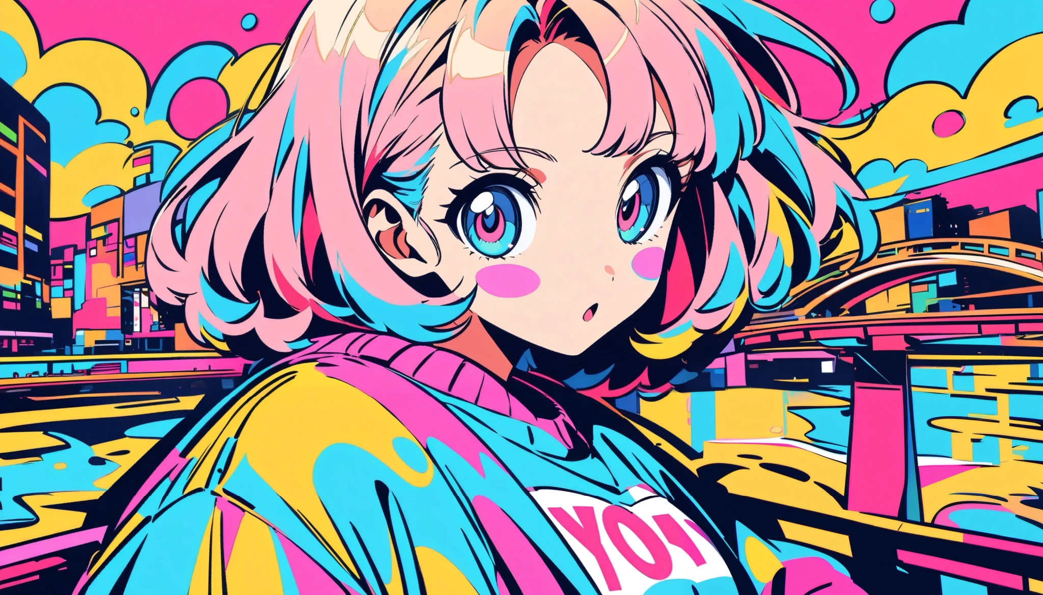 masterpiece, Highest quality, Beautiful attention to detail, Very detailed, In detail, High resolution, Perfect Anatomy, colorful, pastel colour, Girl, (One person:1.5), alone, (City pop illustrations), (City Pop Art), Simple Background, (City Pop Anime), (river, bridge), Kyoto Animation, 80's fashion,Anime, Neon pink and blue colors, scar, Stickers, Neon style full shot