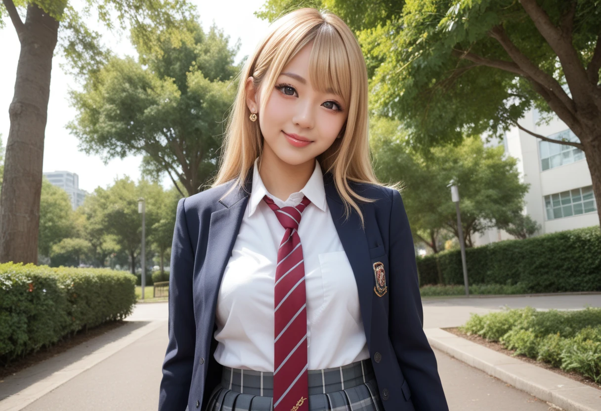 score_9,score_8_up,score_8,Japanese girl,(drooping round big black eyes,short small nose:1.2),realistic eyes,cute:1.2,idol face,gyaru make,school uniform,blazer,white shirt,tie,pleats  skirt,standing,(shy smile:0.7),looking at viewer,from below,real photo,dynamic angle,cowboy shot,park,