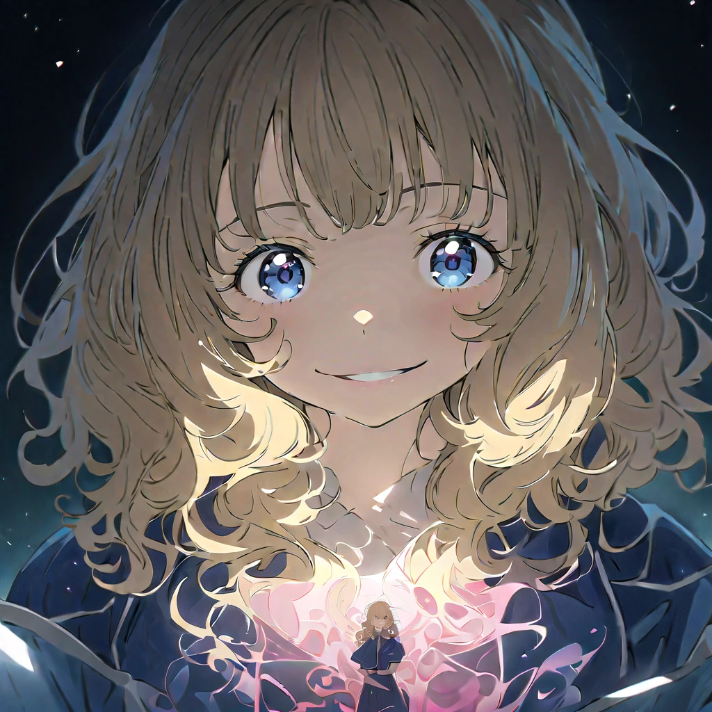 (((masterpiece))),(((Best Quality))),((( extremely detailed))), (((high resolution))),1 girl, Alone, Yanami_Anna (Make-in), Big Breasts, Dark blue eyes, Blonde, Thick Hair, curly hair, Double Exposure, smile, excited ,beautiful face,